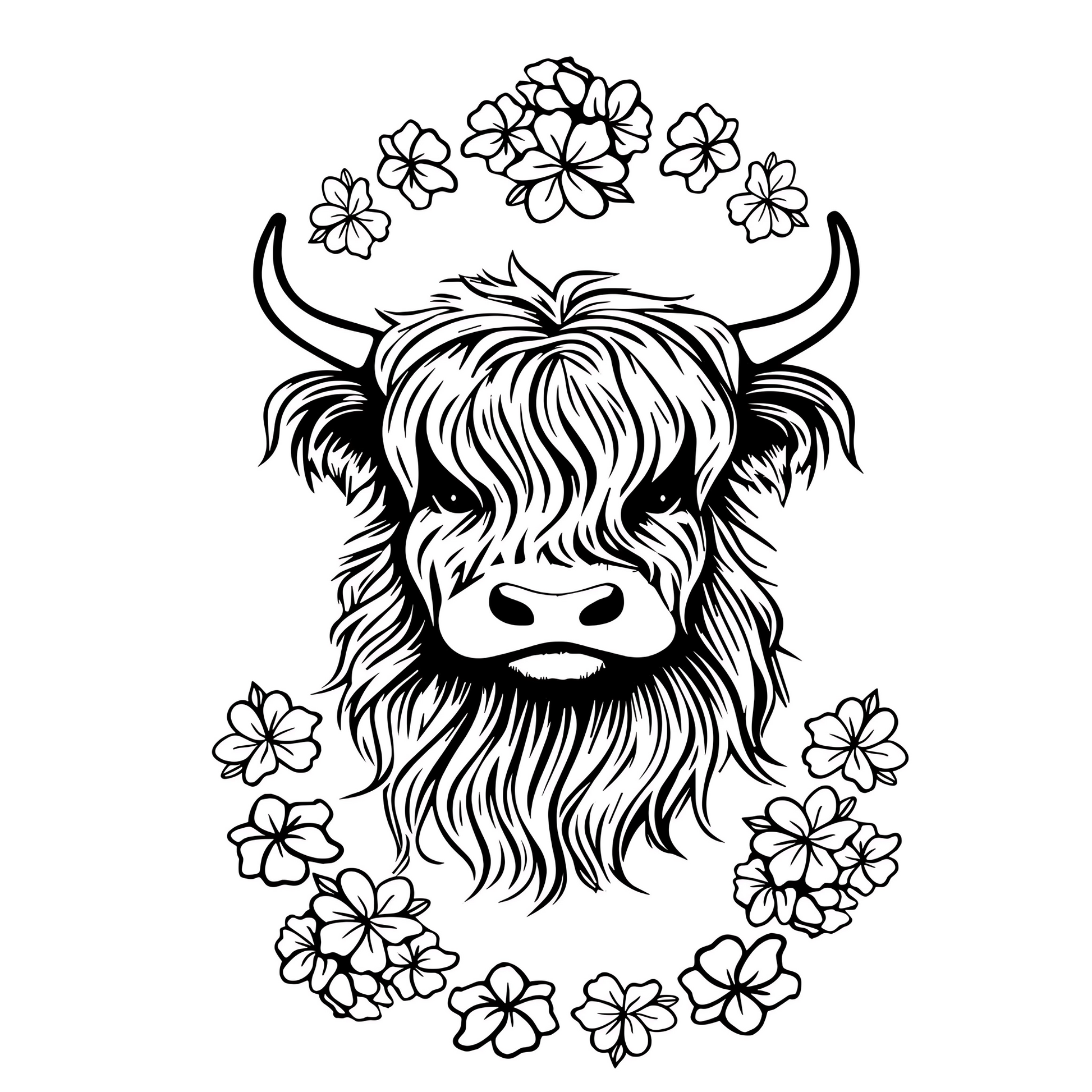 Black and white illustration of a highland cow with floral wreaths on a white background