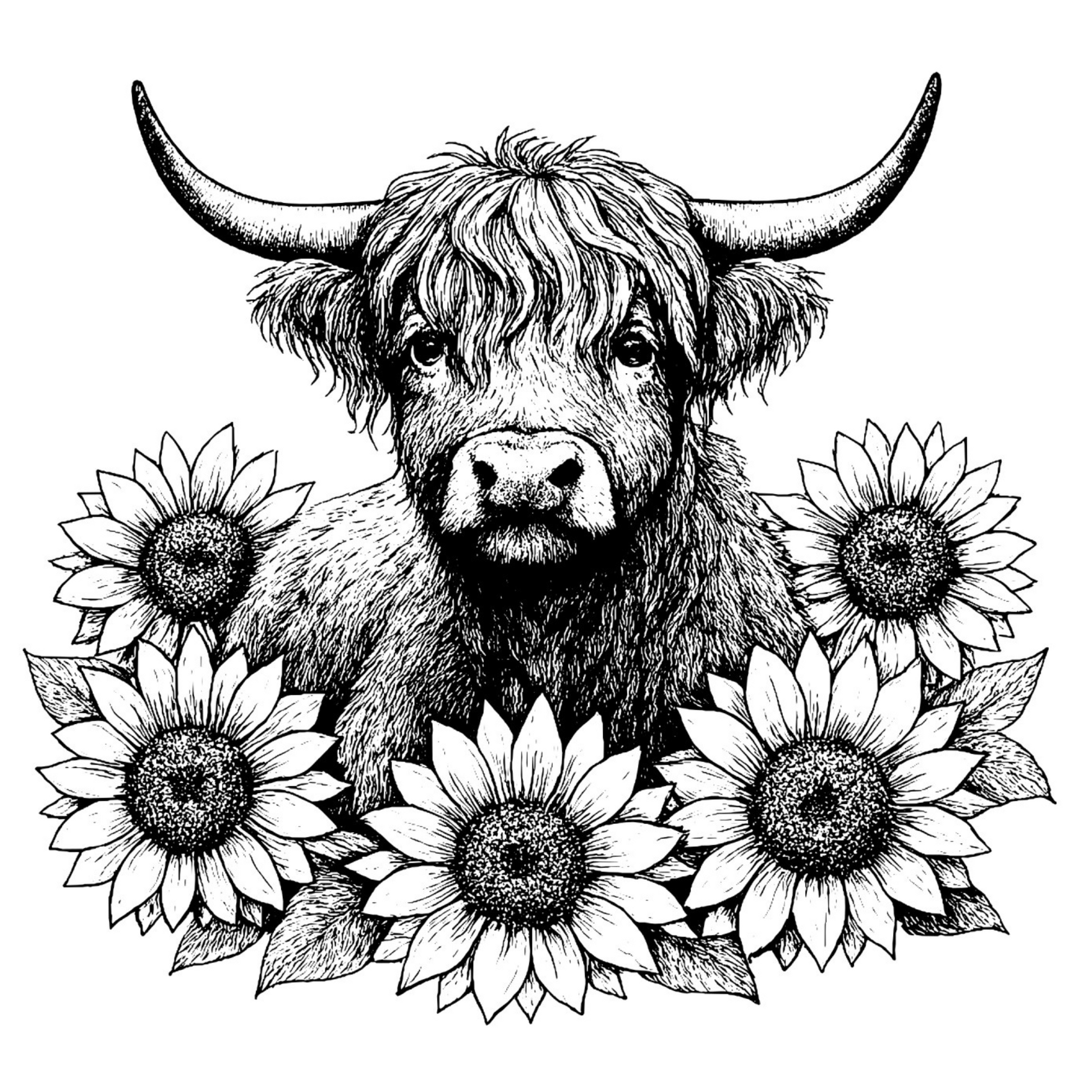 Black and white illustration of a highland cow surrounded by sunflowers on a white background