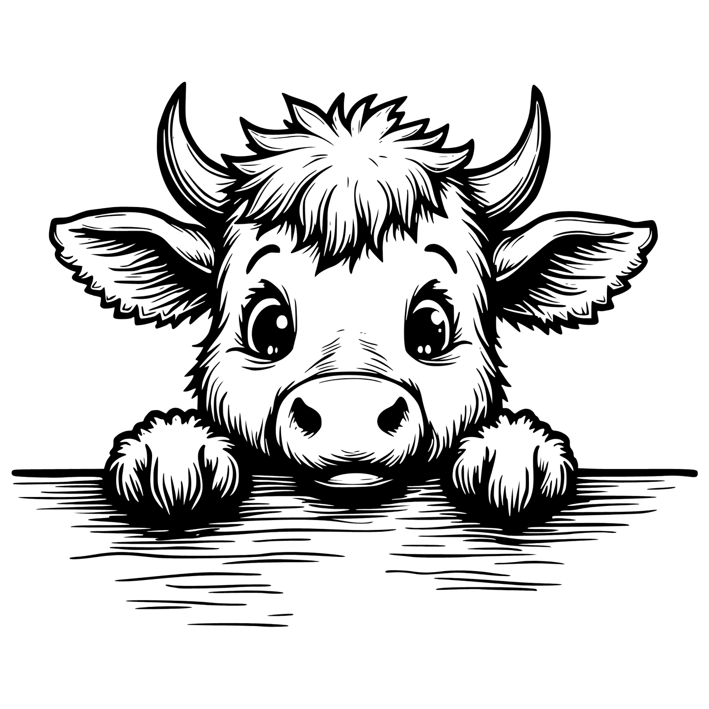 Black and white illustration of a cute cow peeking over a surface
