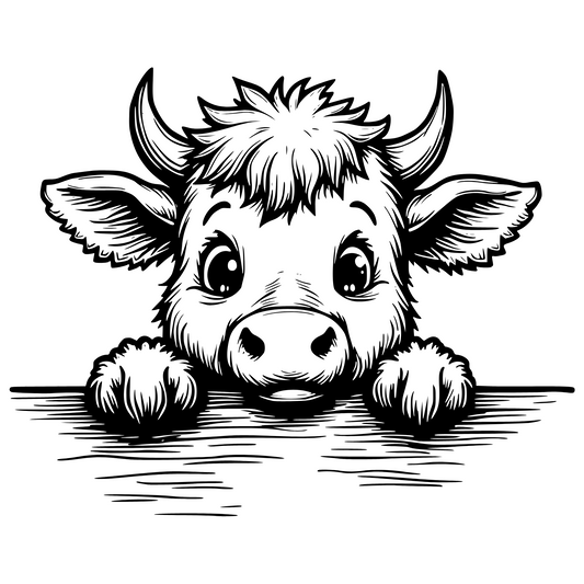 Black and white illustration of a cute cow peeking over a surface