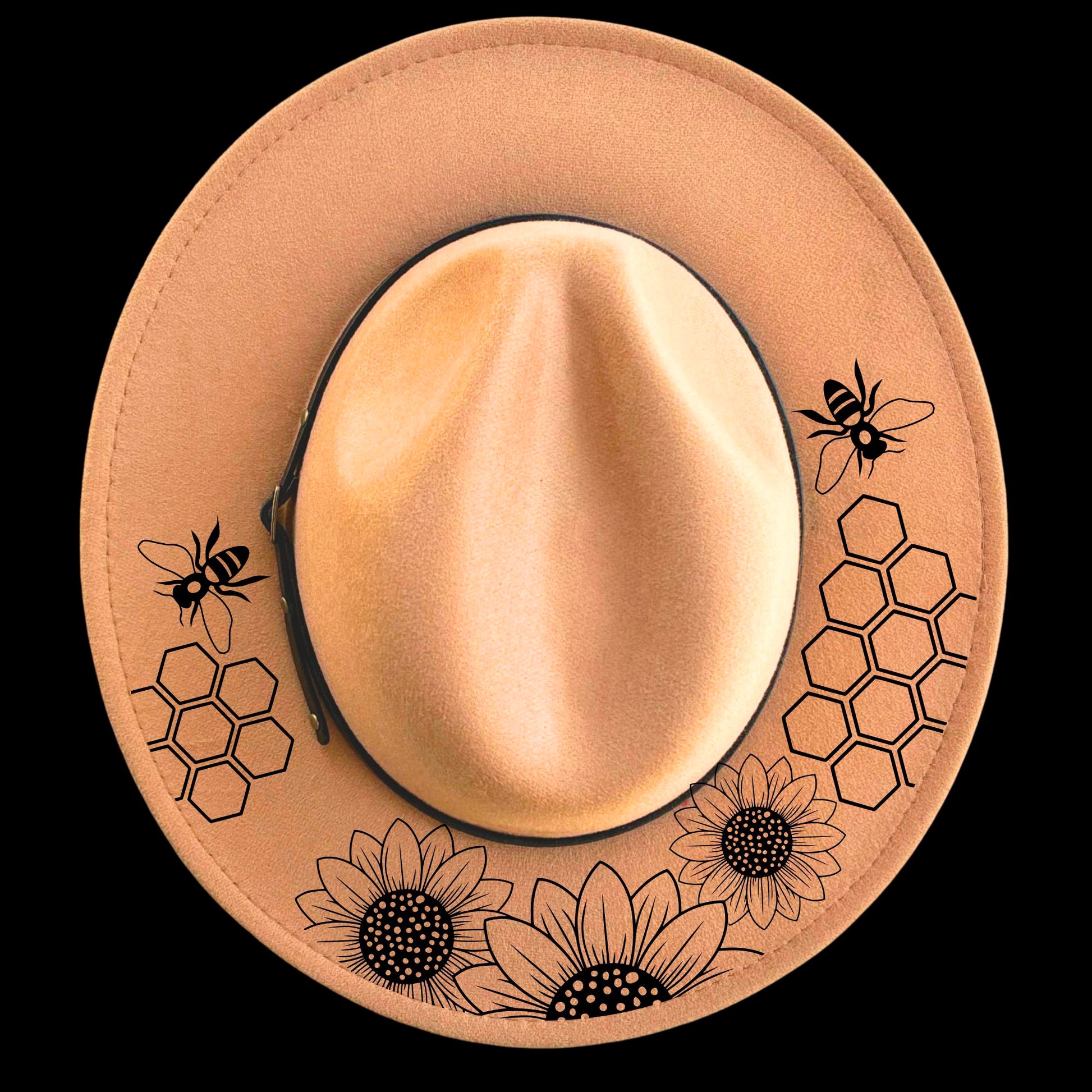 Honeycomb Sunflowers burned hat burning design on a narrow brim hat