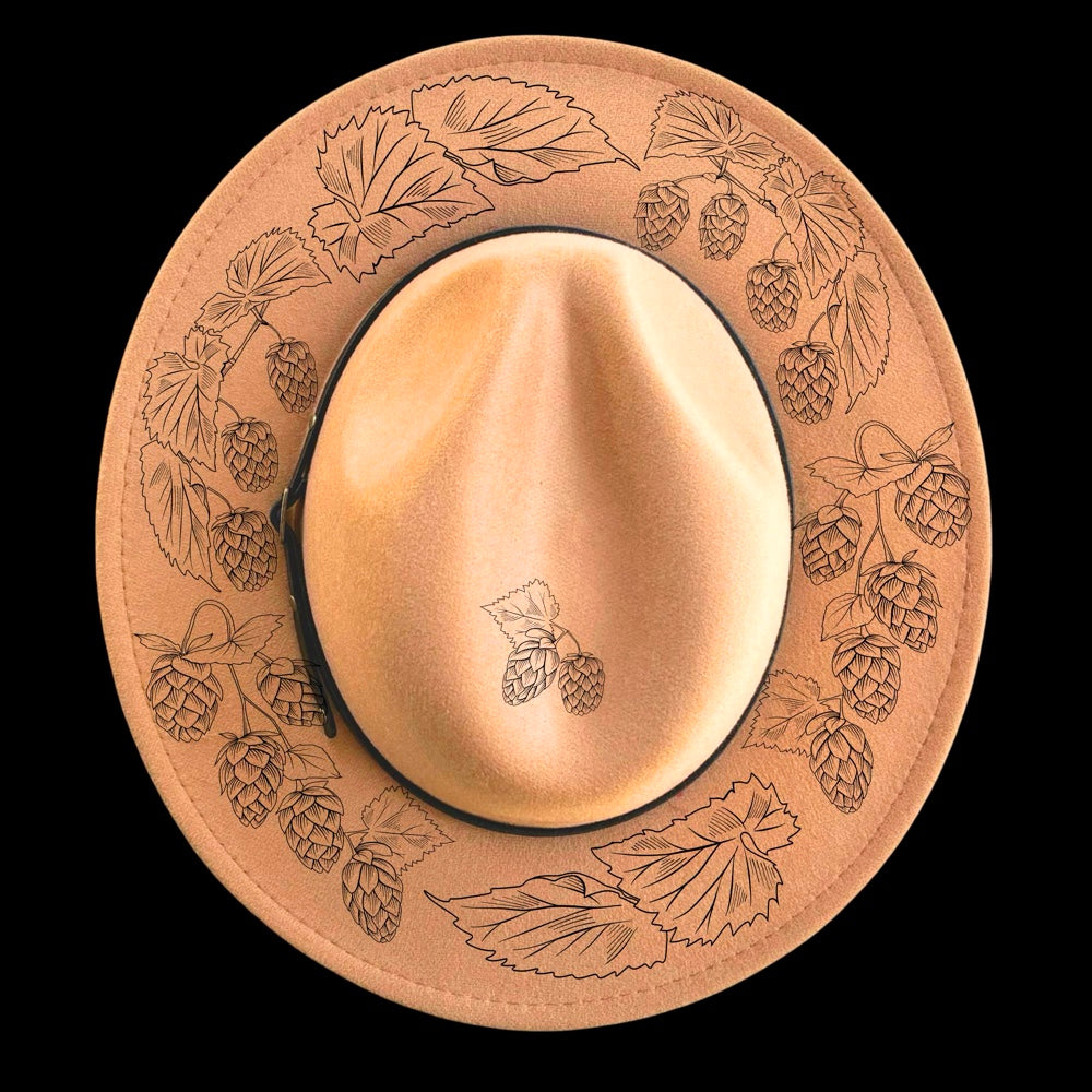 Hops Circle burned hat burning design on a narrow brim hat