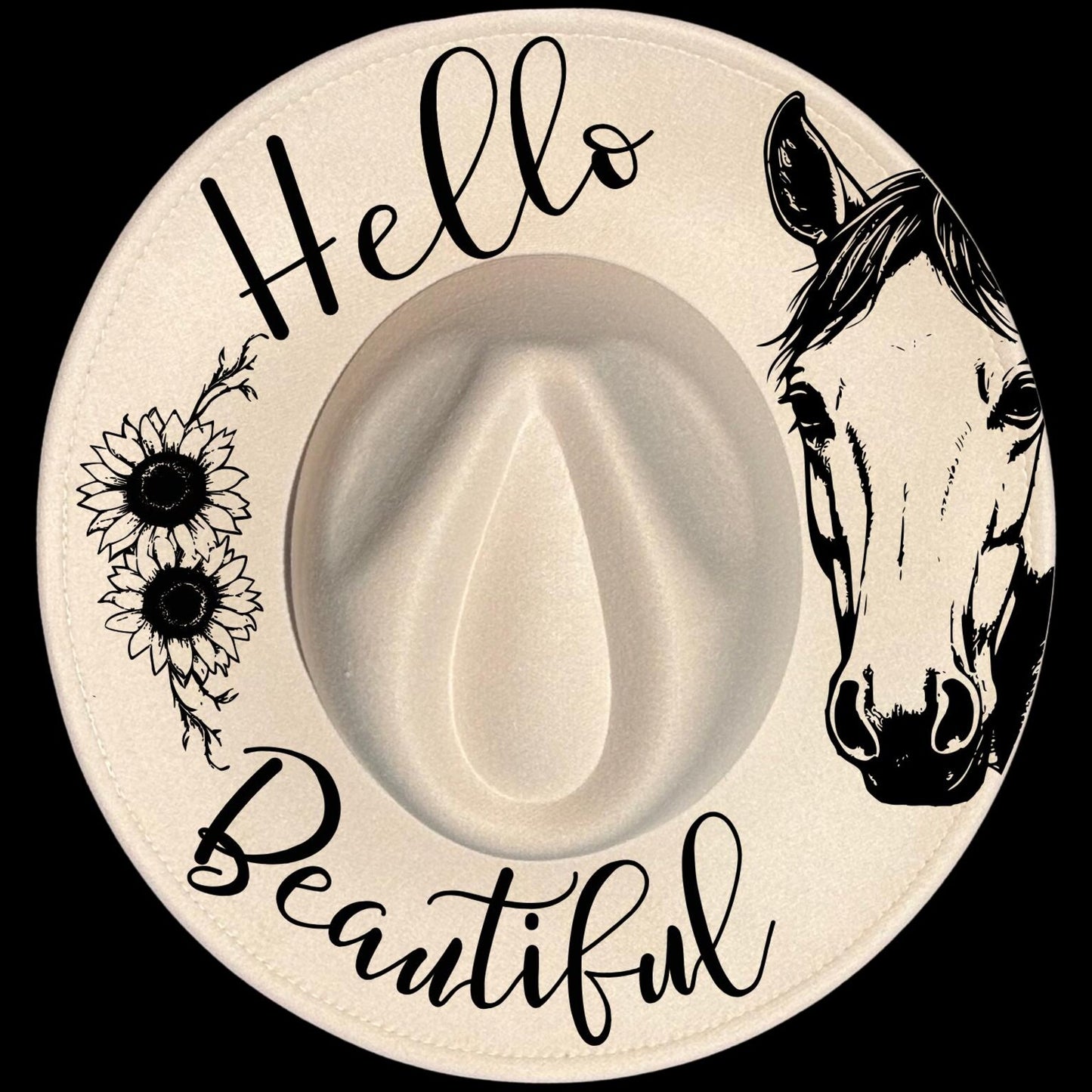 Hello Beautiful Horse And Sunflowers digital design on a wide brim hat