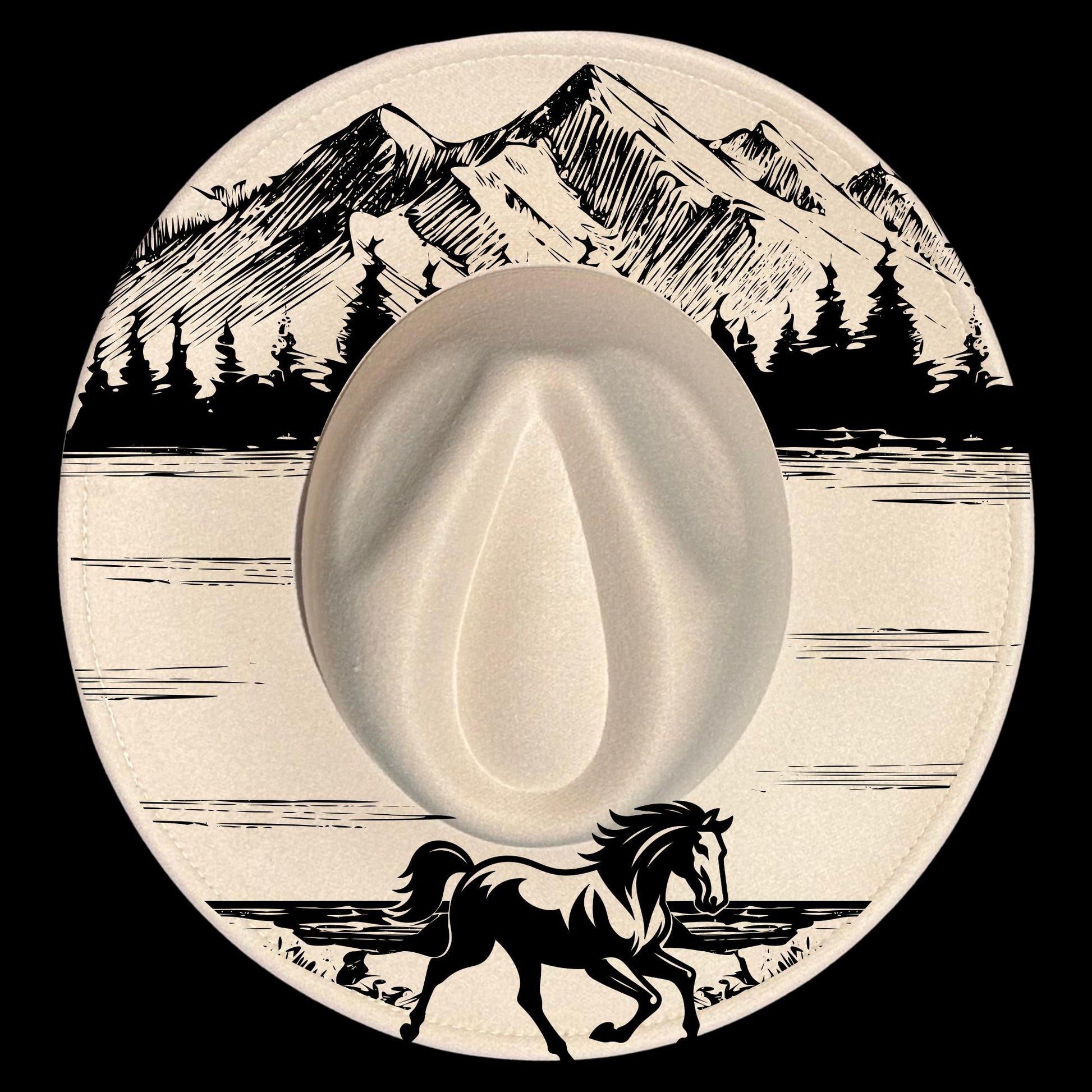 Horse and mountains design on a wide brim hat.