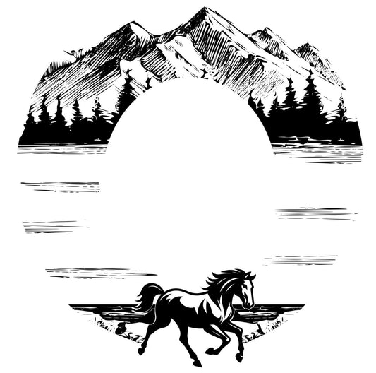 Black and white illustration of a horse running with mountains and trees in the background for hat burning