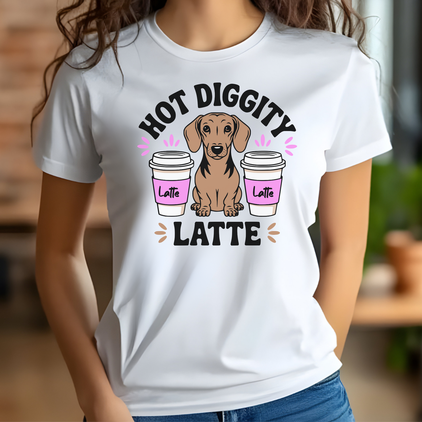 Hot Diggity Latte dachshund dog digital design on a t-shirt