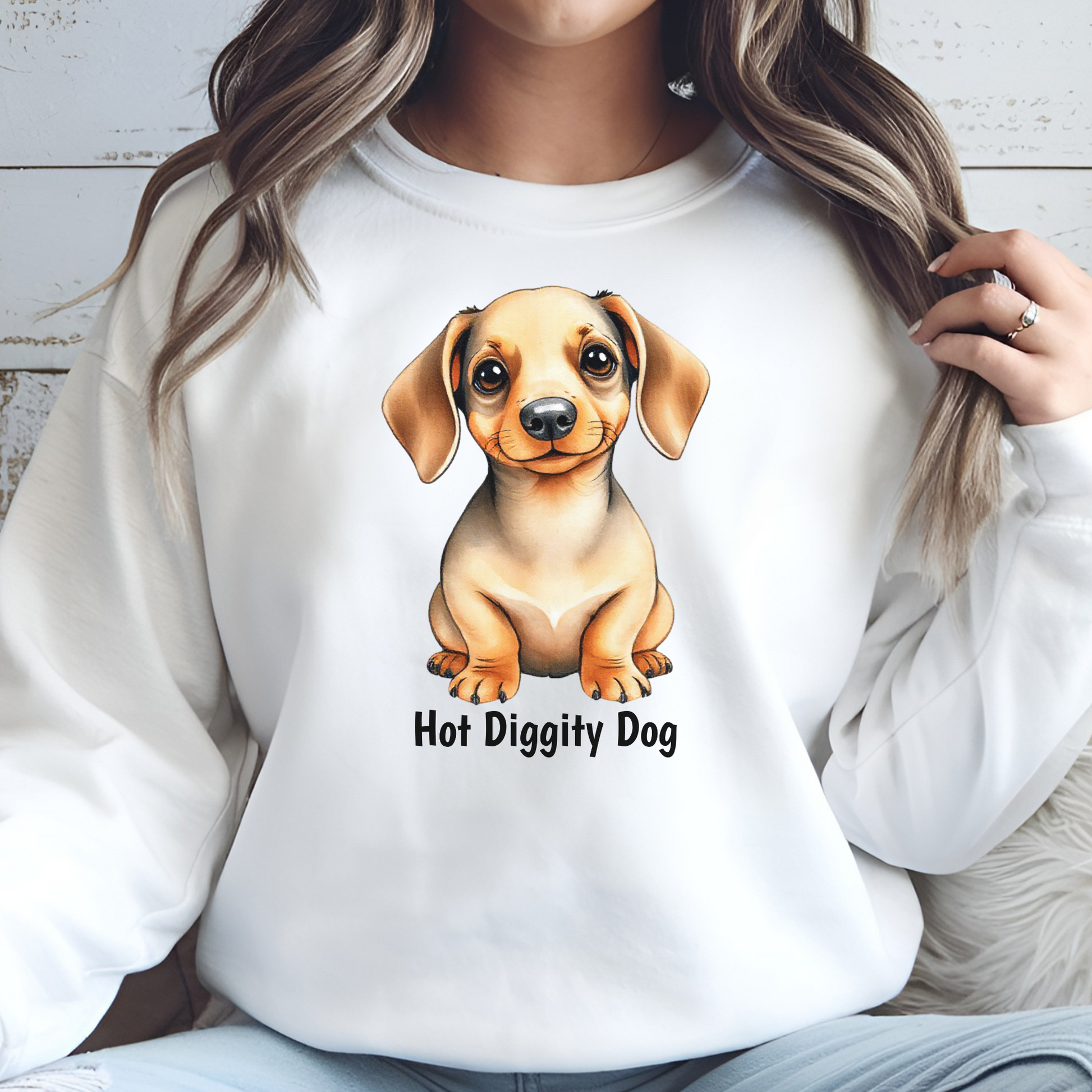 Hot Diggity Dog digital design on a white sweatshirt