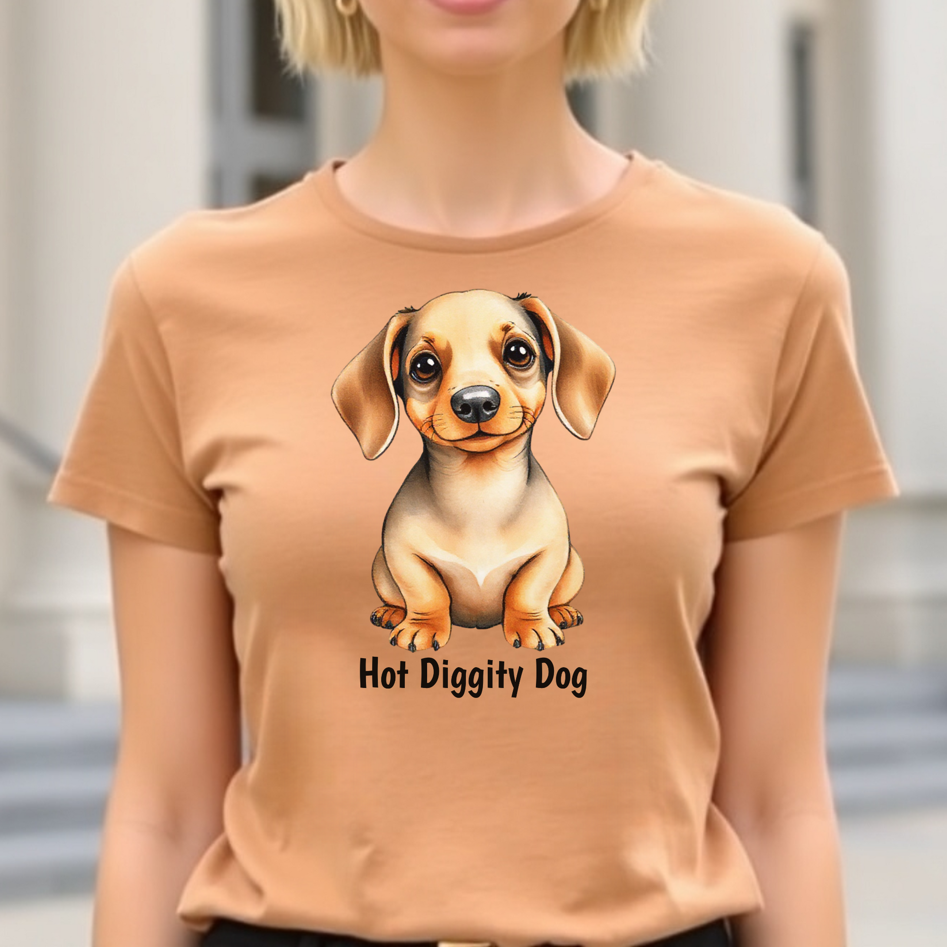 Hot Diggity Dog digital design on a tan t-shirt