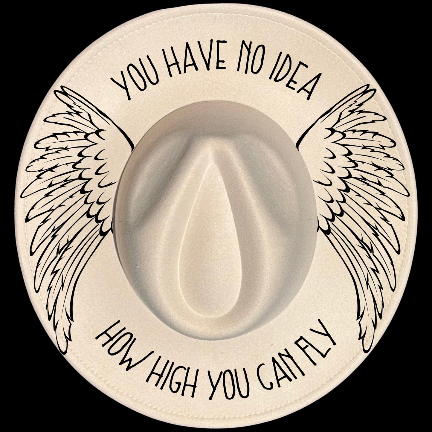 How High Can You Fly Christian burned hat burning design on a wide brim hat.