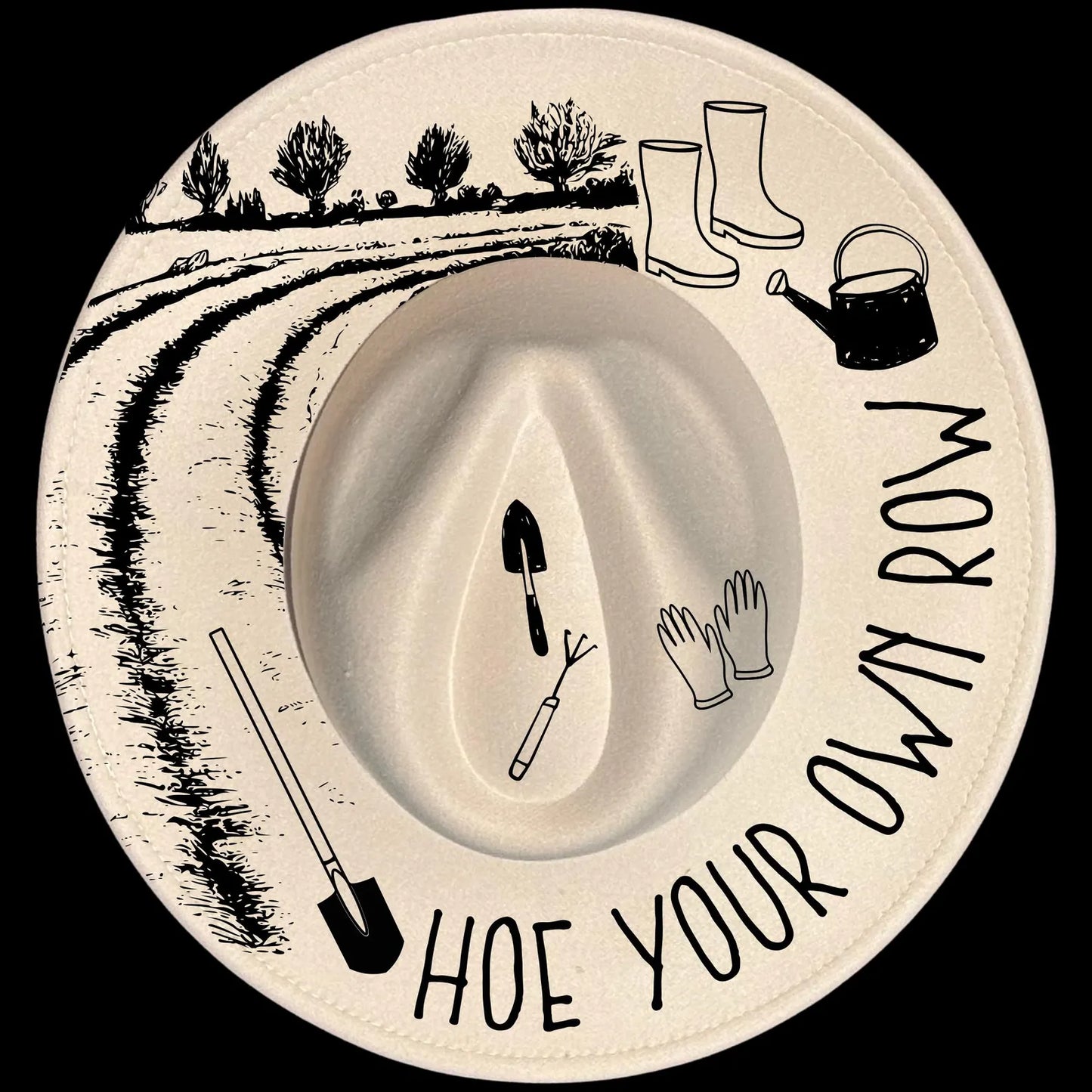 Hoe Your Own Row burned hat burning design on a wide brim hat
