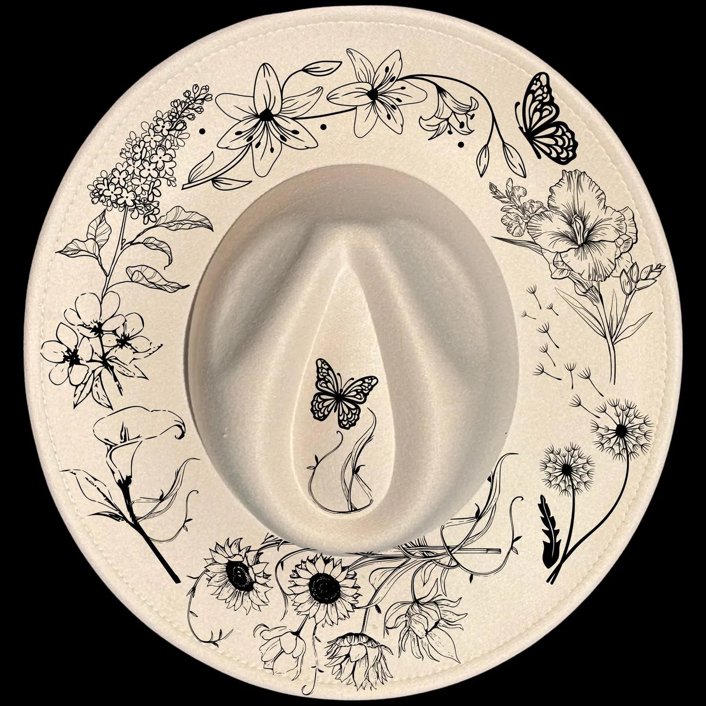 Lovely Flowers burned hat burning design on a wide brim hat