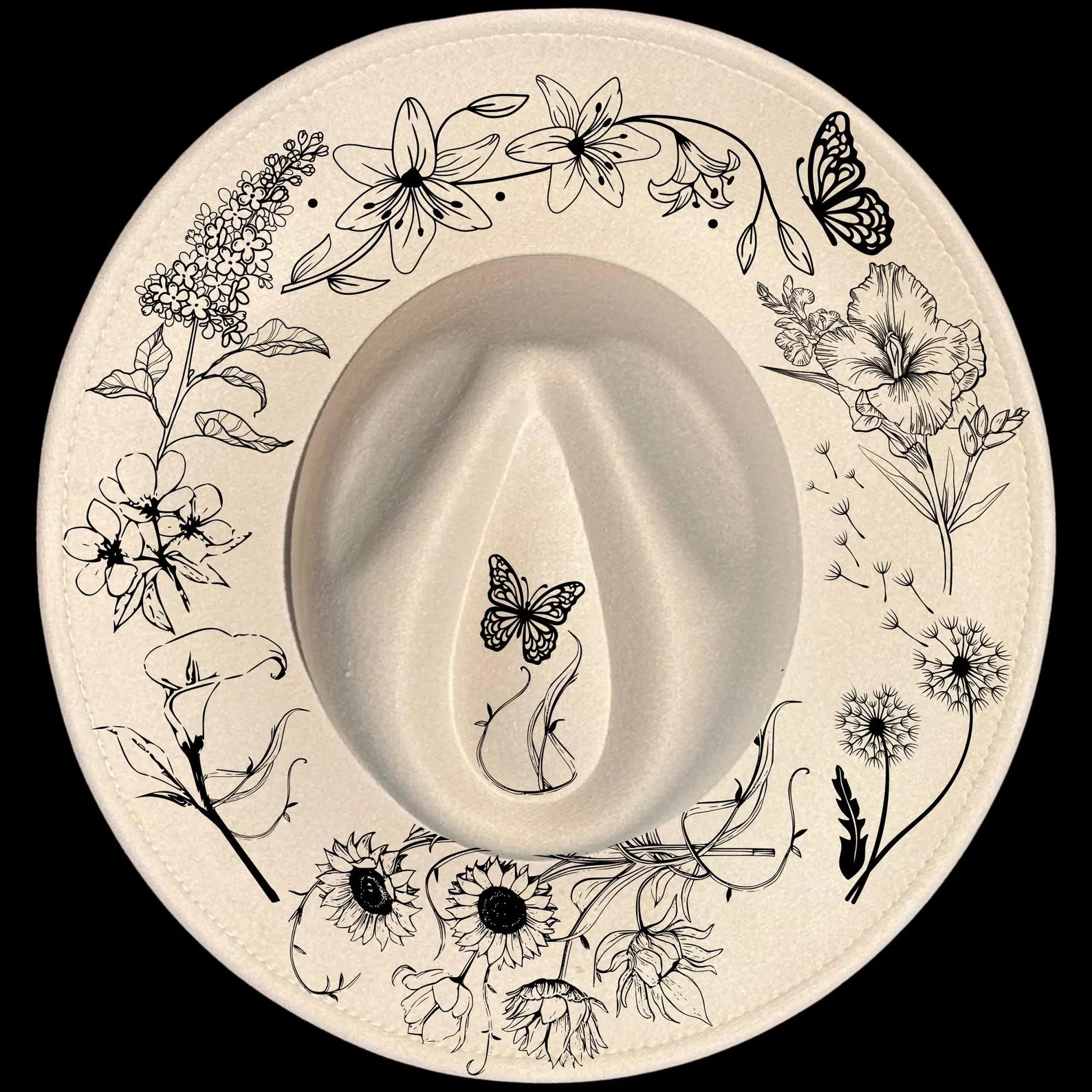 Lovely Flowers burned hat burning design on a wide brim hat