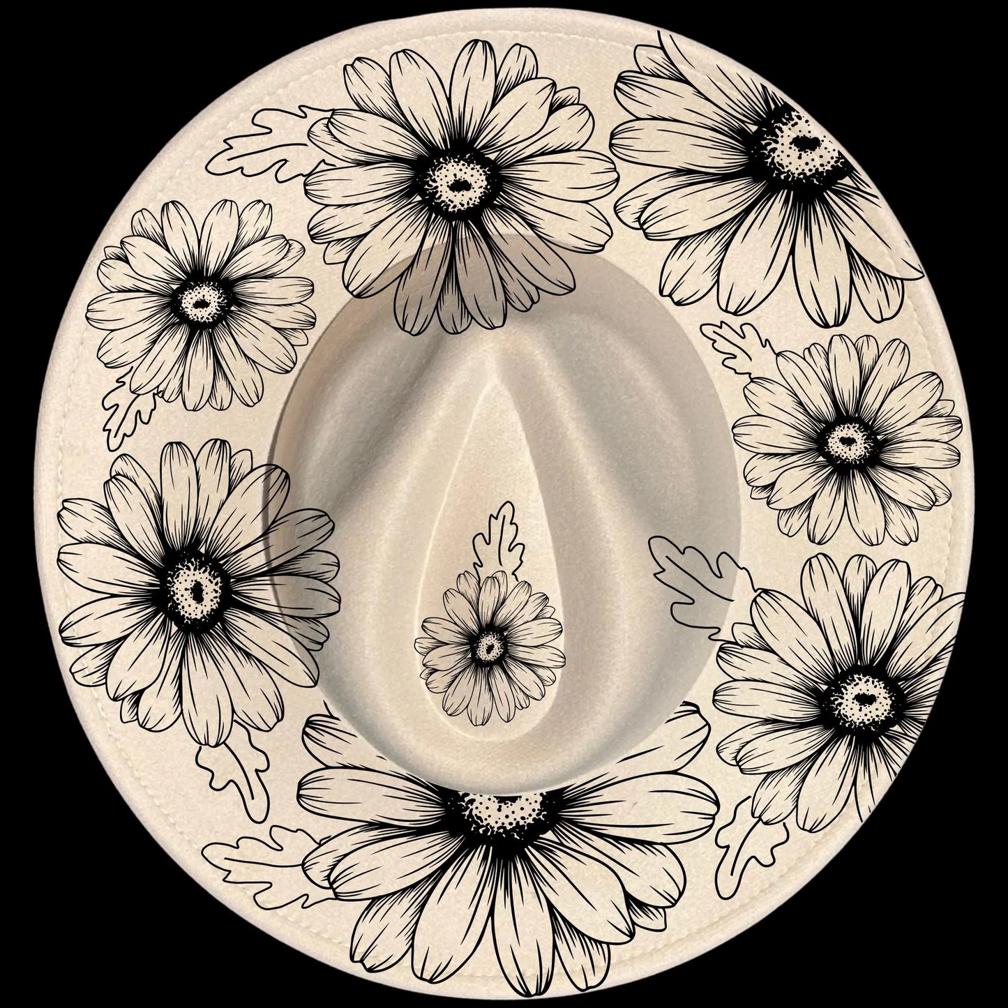 Daisy Daze burned hat burning design on a wide brim hats