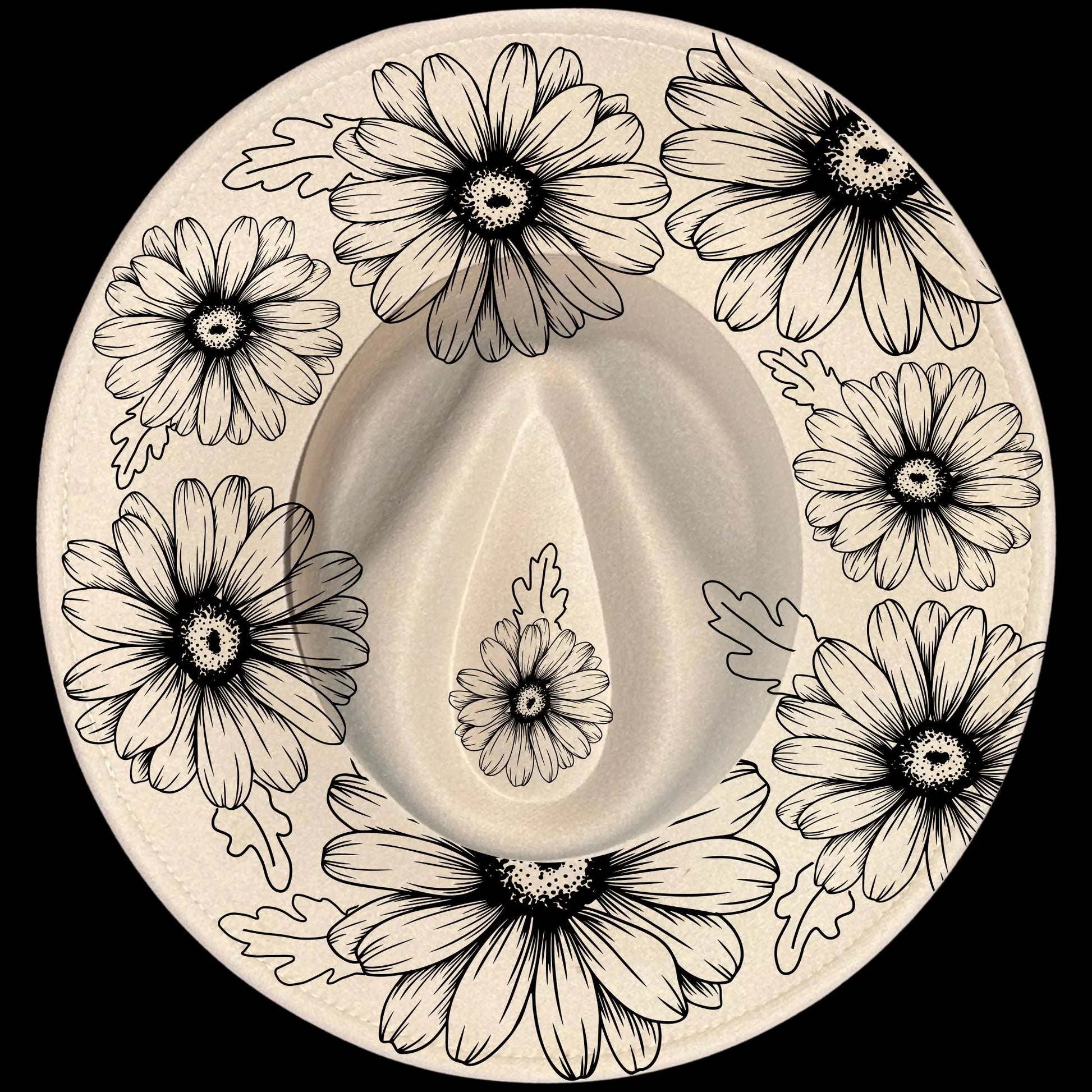 Daisy Daze burned hat burning design on a wide brim hats