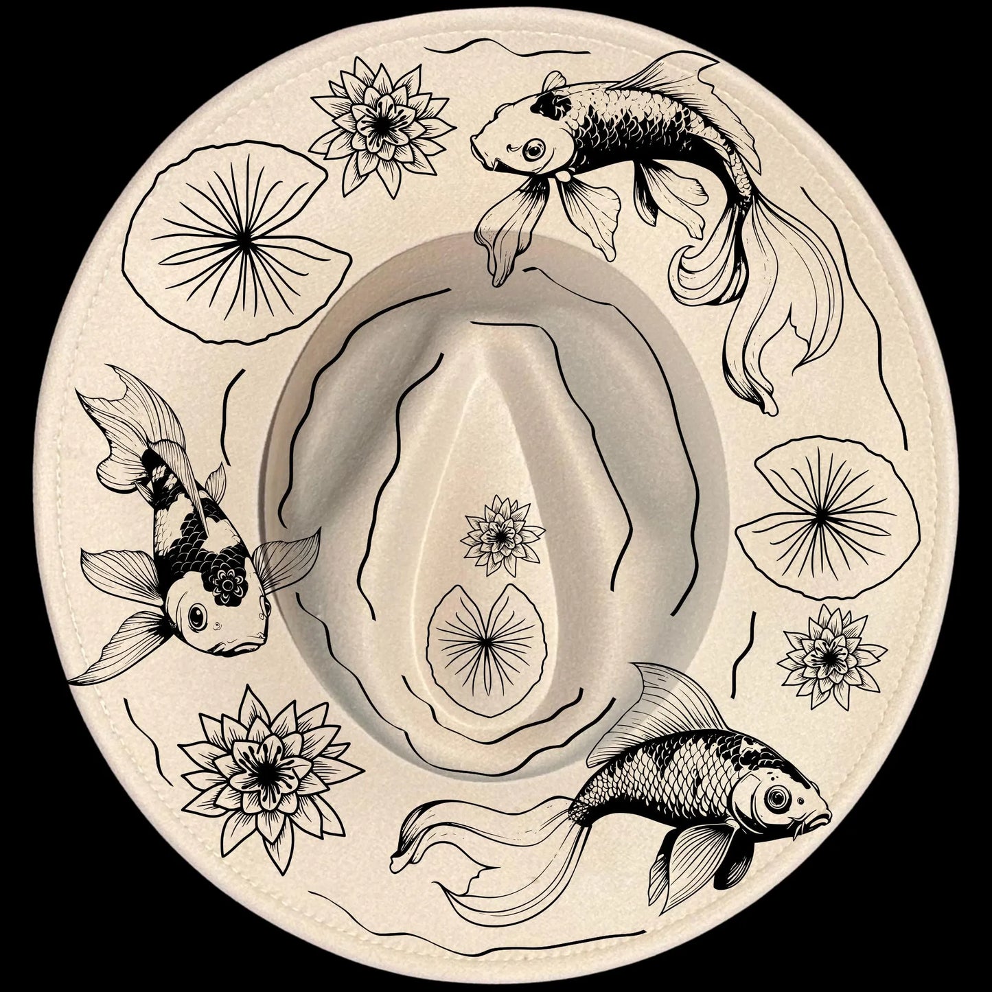 Koi Fish burned hat burning design on a wide brim hat