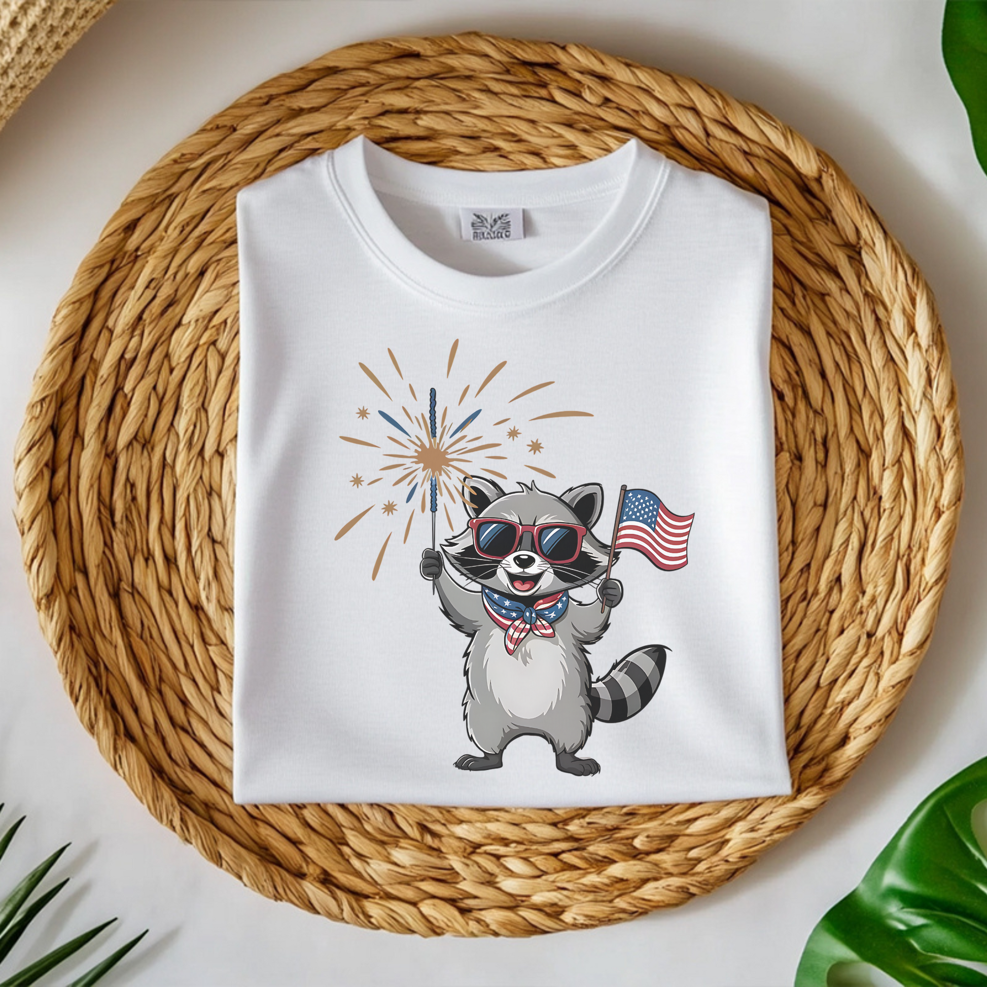 4th Of July Raccoon Celebration digital design on a folded white t-shirt