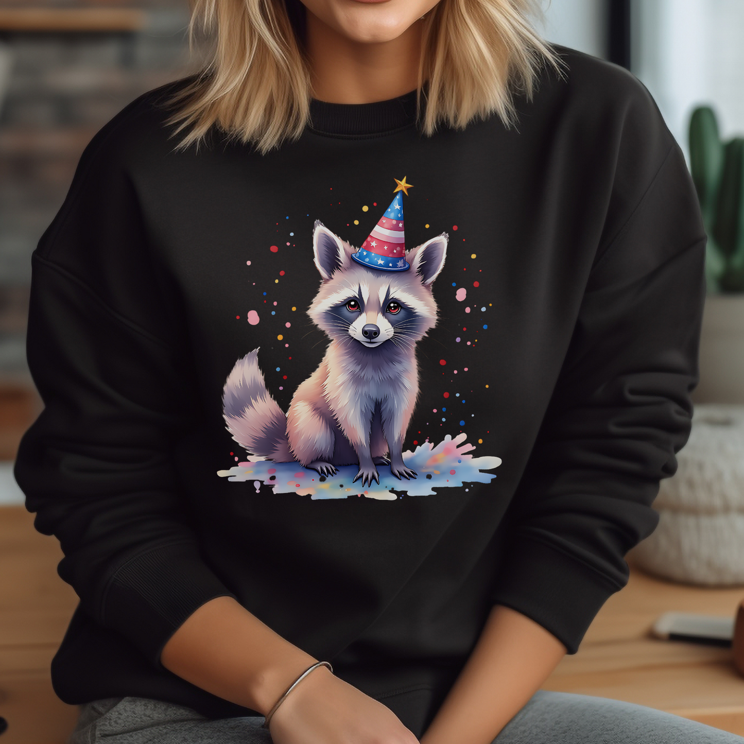 Independence Day Raccoon Party digital design on a woman's black sweatshirt