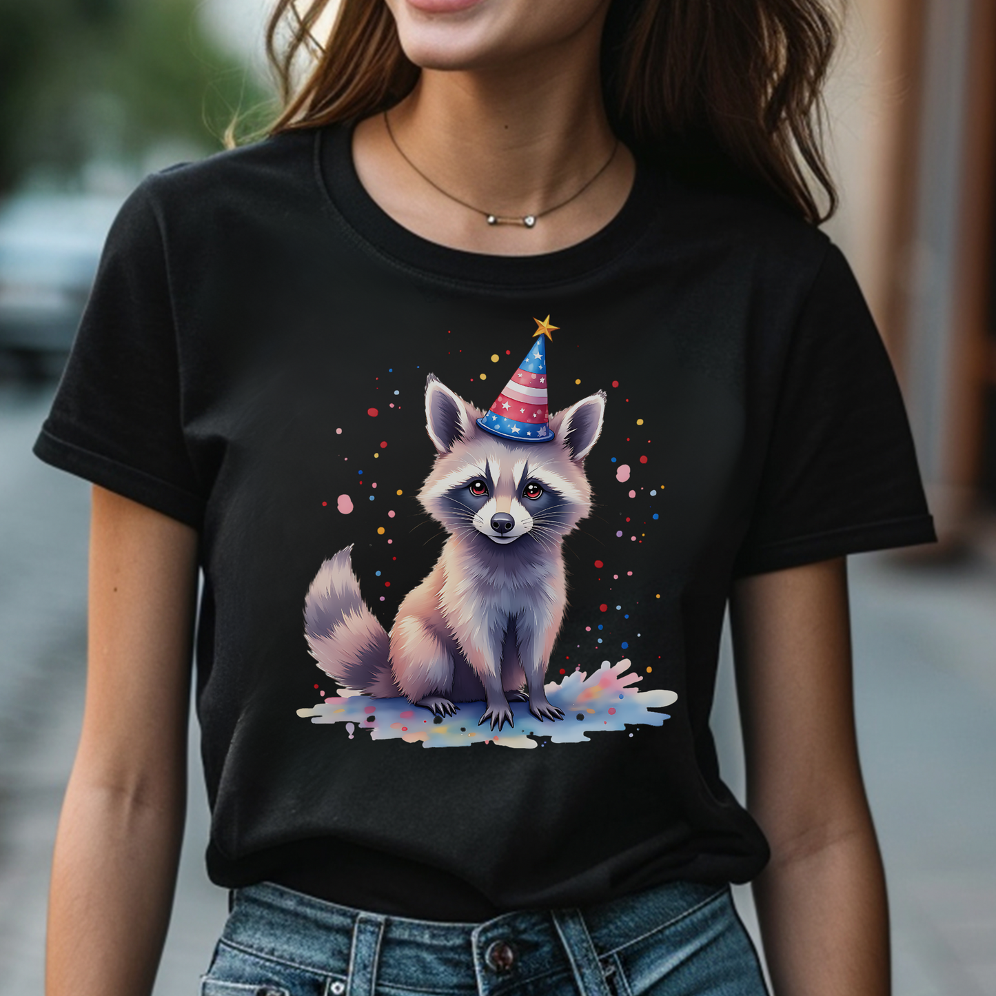 Independence Day Raccoon Party digital design on a woman's black t-shirt