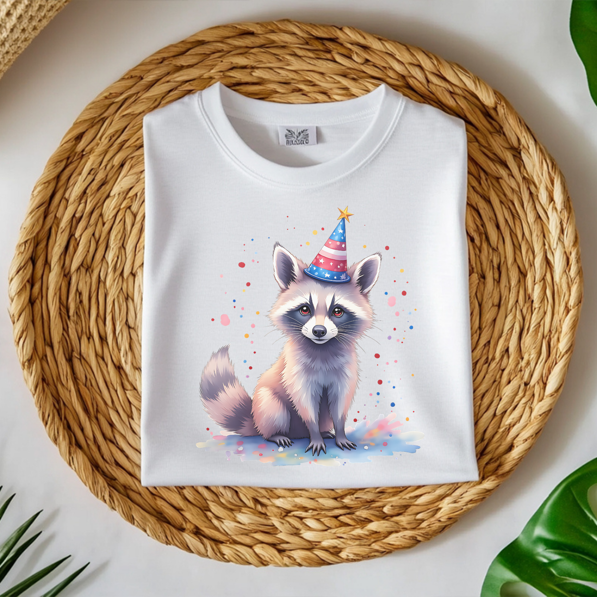 Independence Day Raccoon Party digital design on a folded white t-shirt