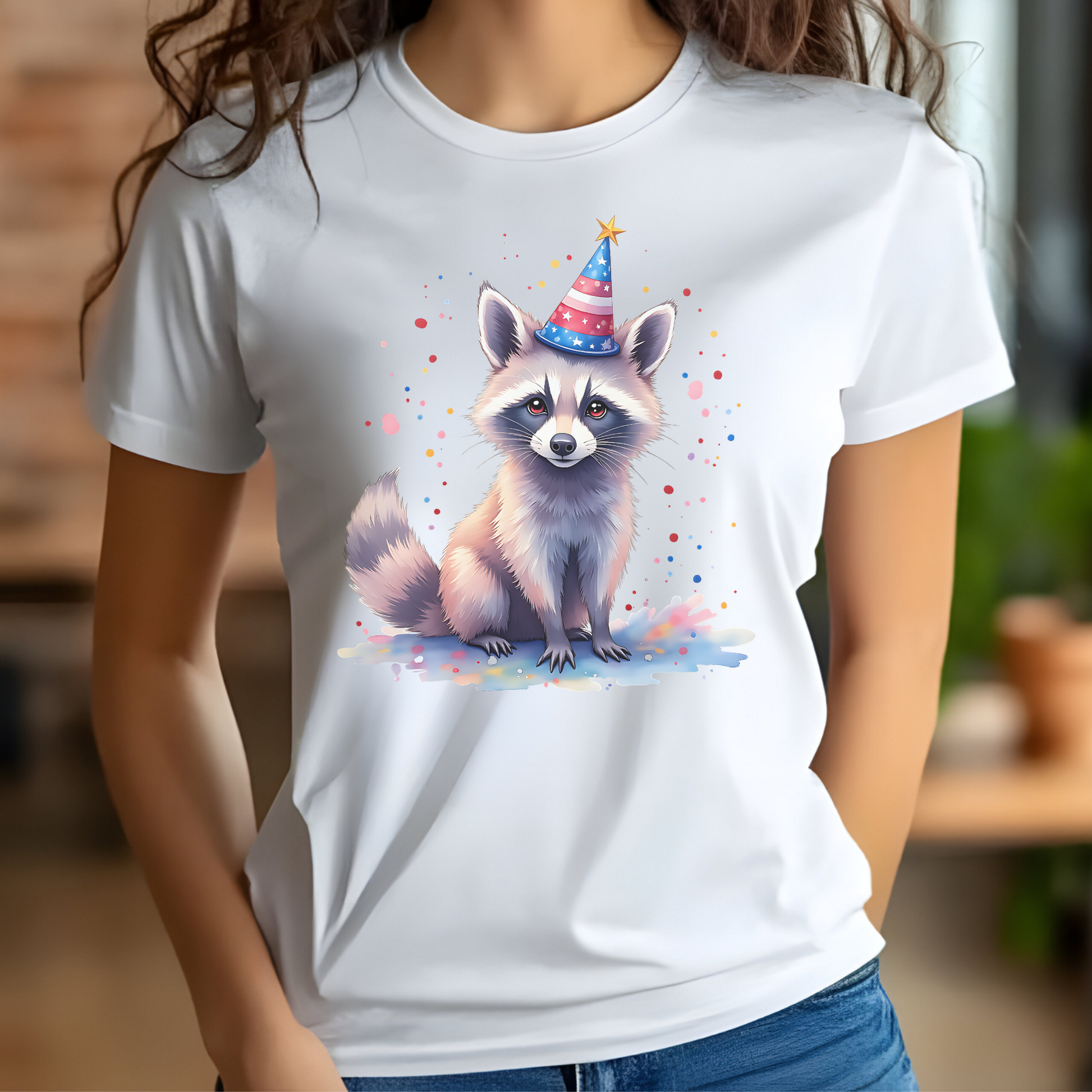Independence Day Raccoon Party digital design on a woman's white t-shirt