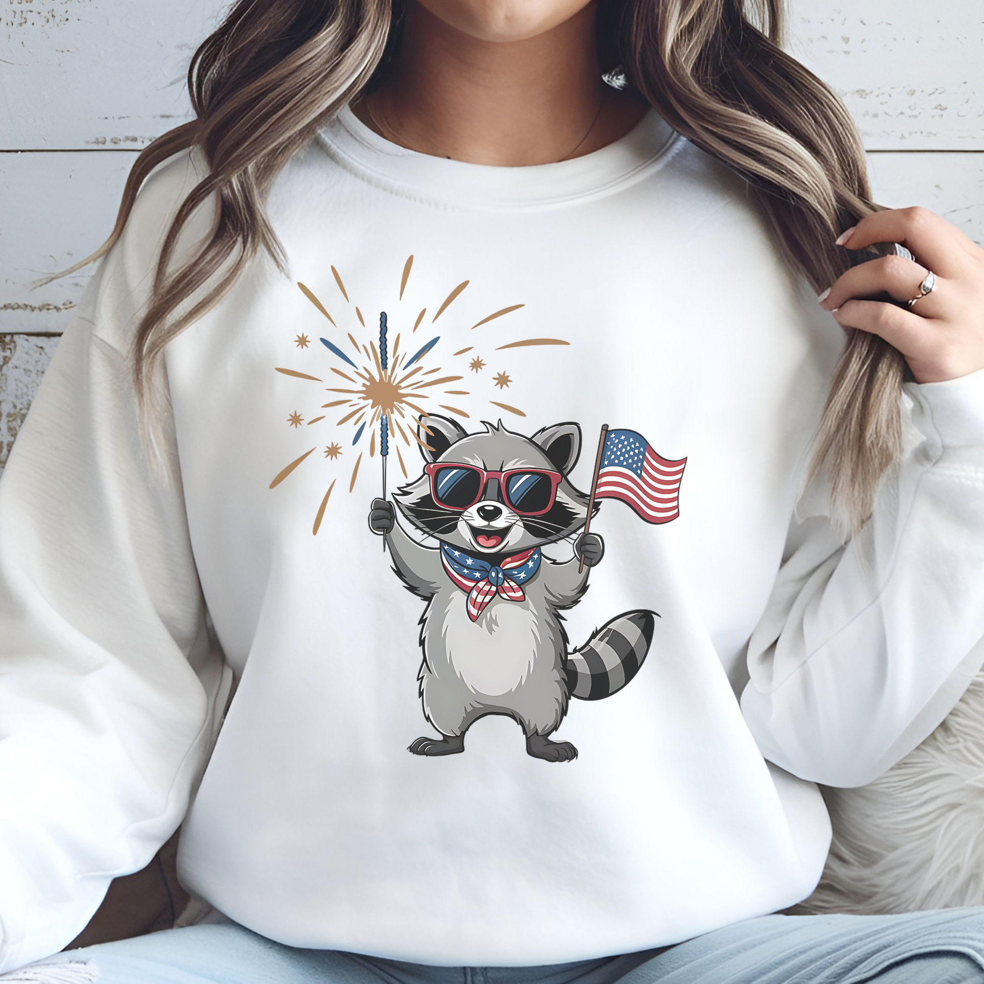 4th Of July Raccoon Celebration digital design on a white sweatshirt