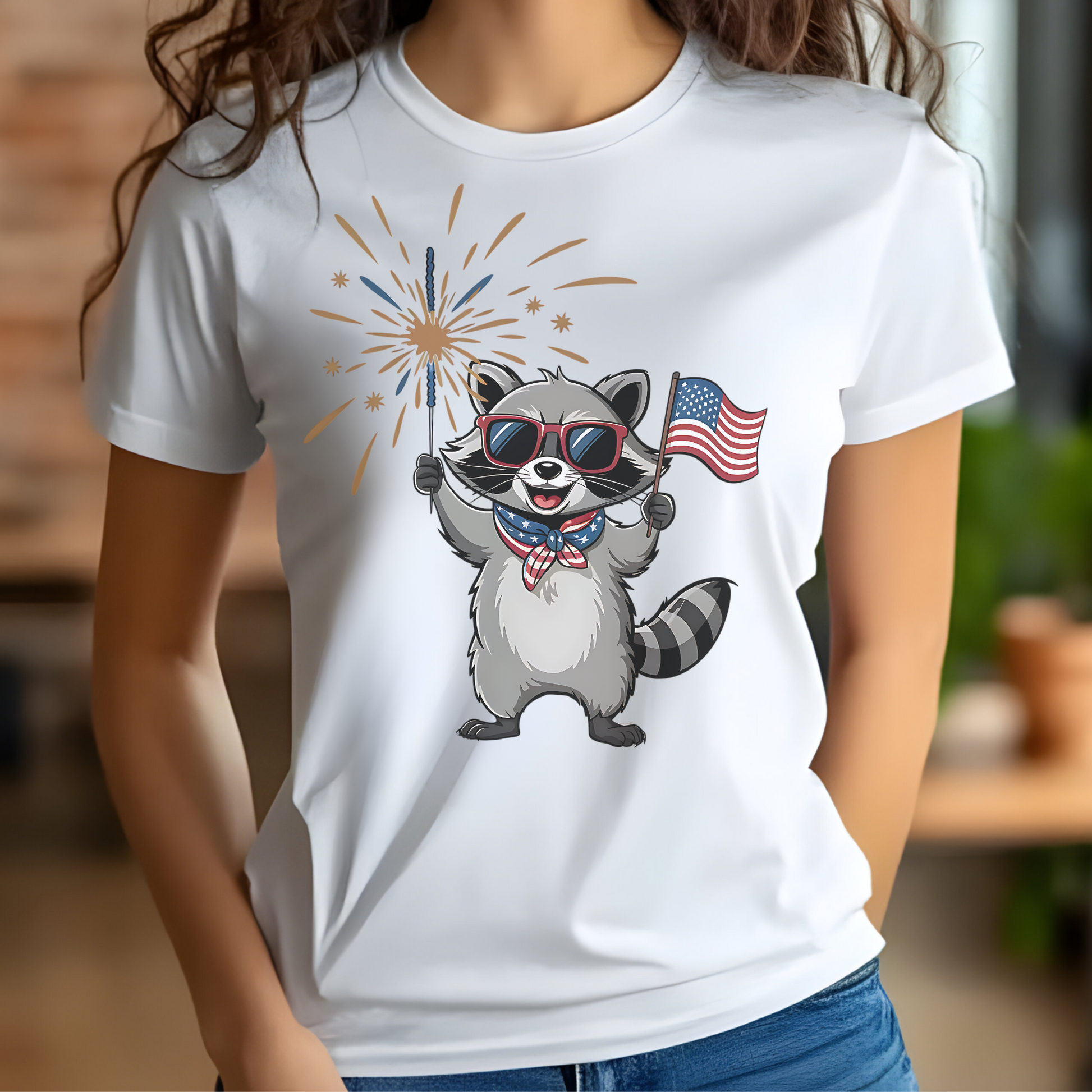 4th Of July Raccoon Celebration digital design on a white t-shirt