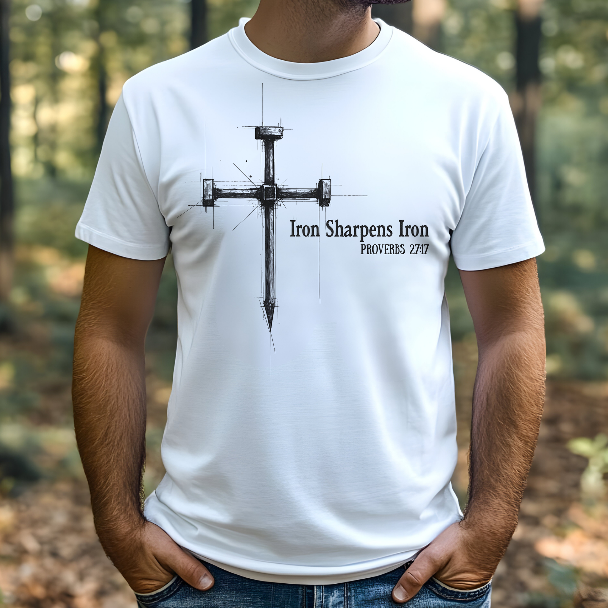 Iron Sharpens Iron cross made of nails on a man's t-shirt
