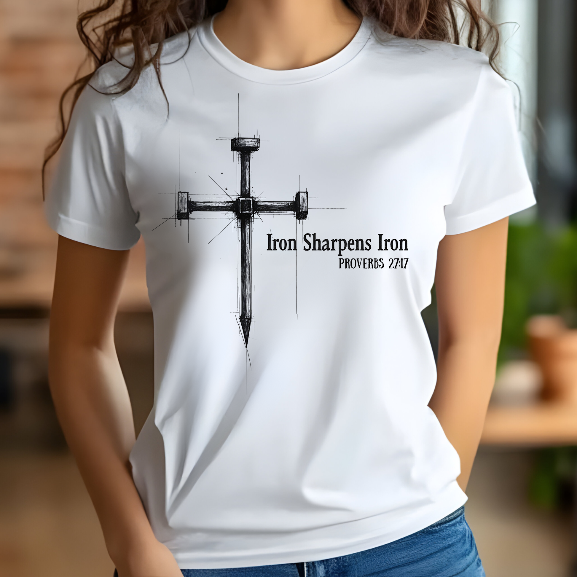 Iron Sharpens Iron digital design on a woman's white t-shirt