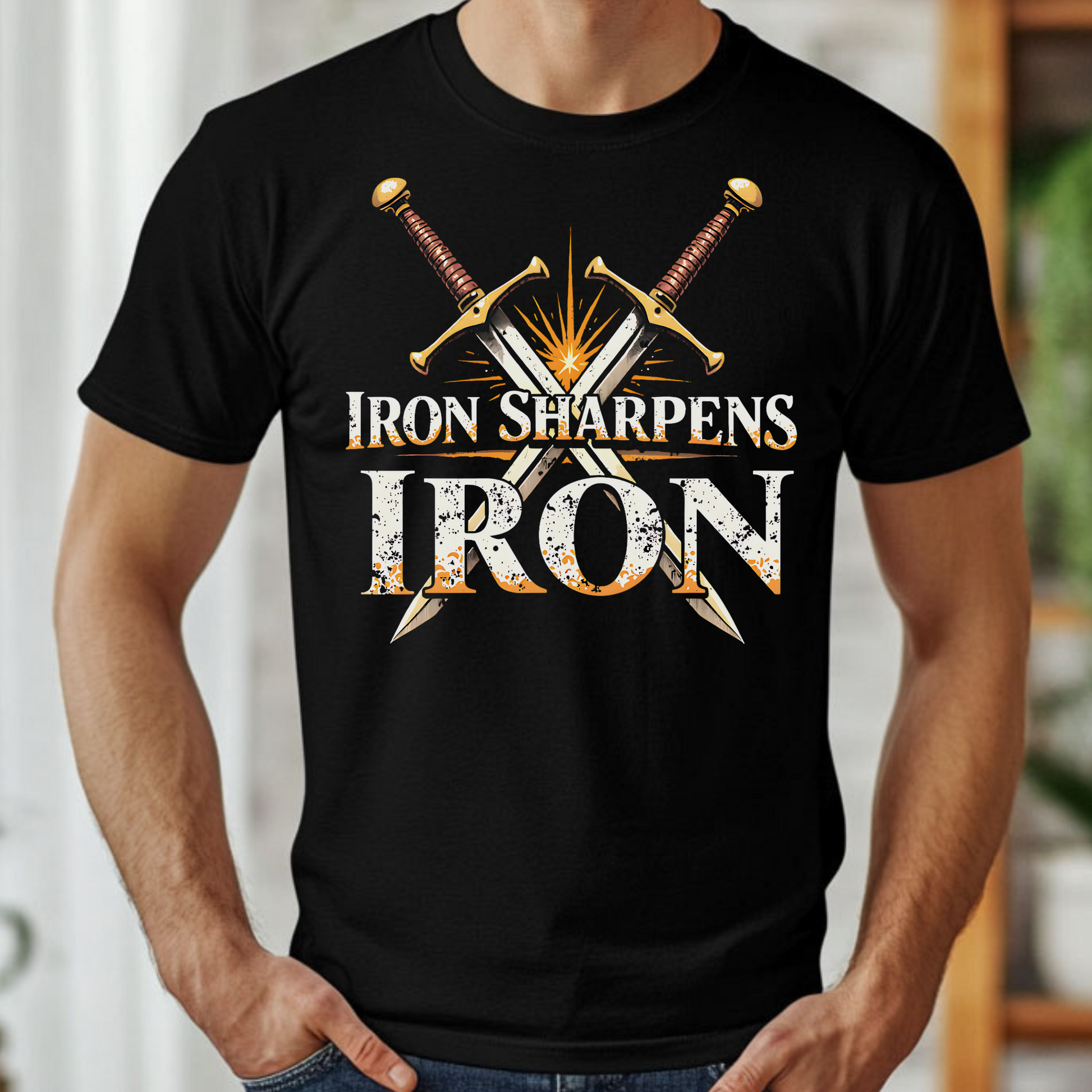 Iron Sharpens Iron Christian PNG digital design on a man's black t-shirt