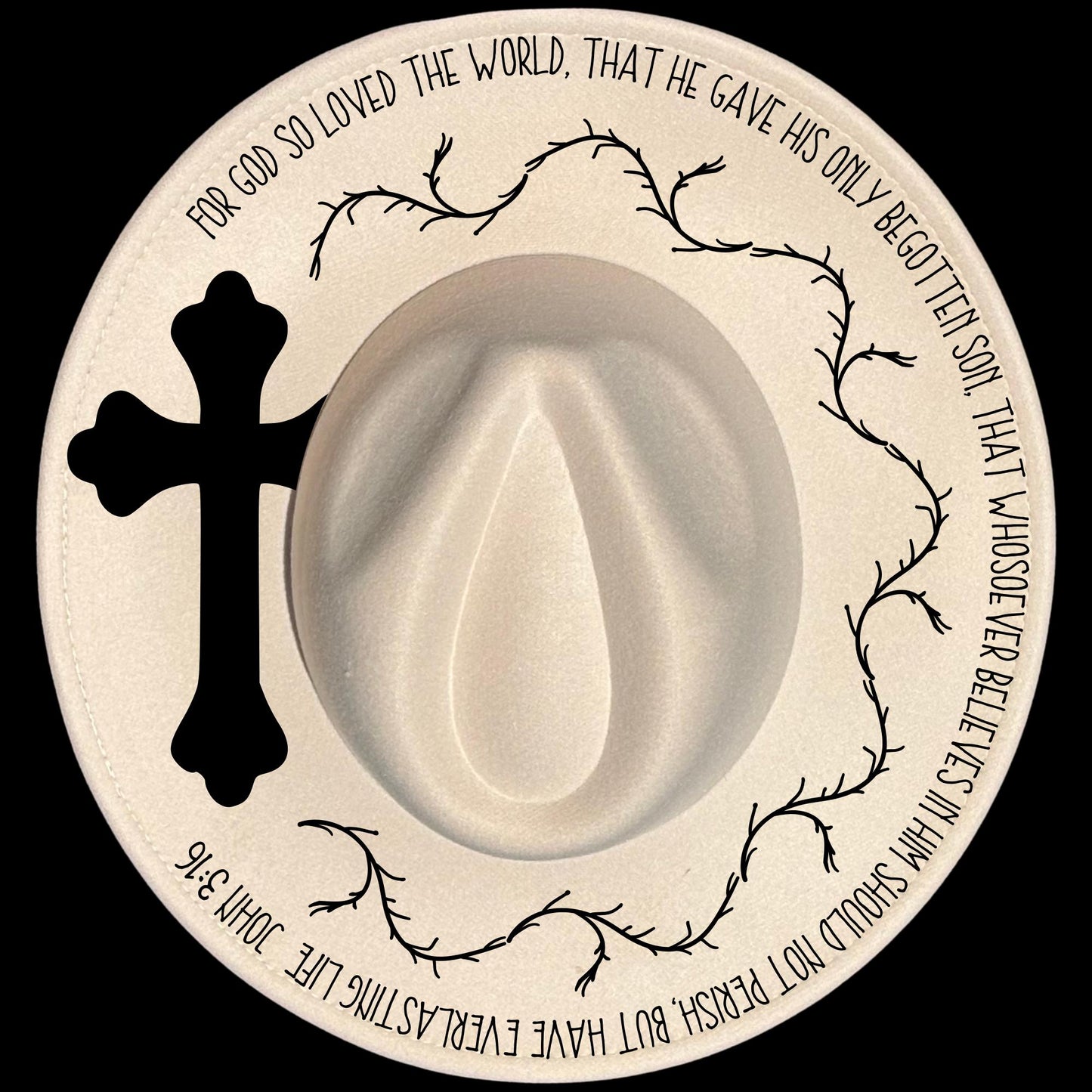 John 3:16 burned hat burning design on a wide brim hat.