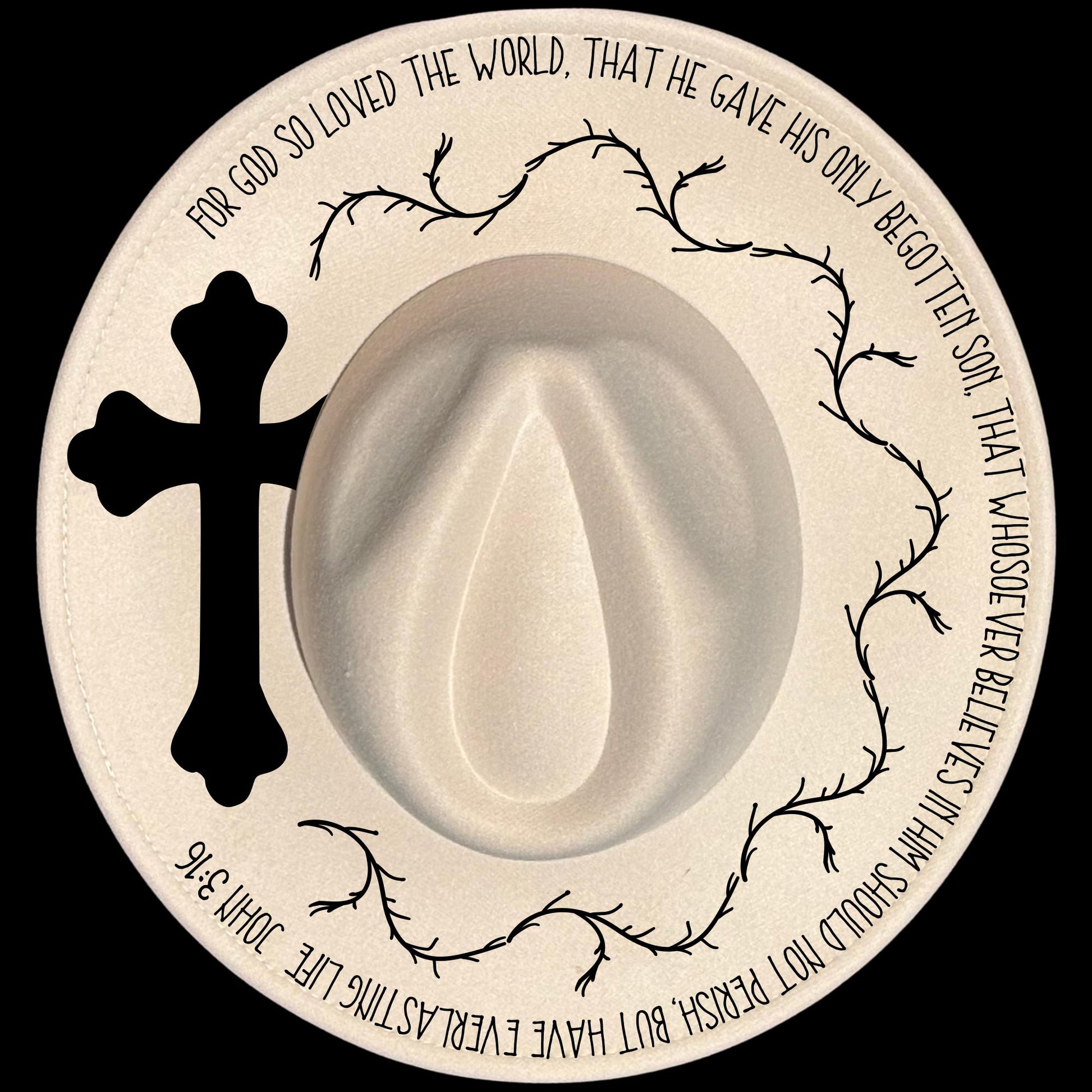 John 3:16 burned hat burning design on a wide brim hat.