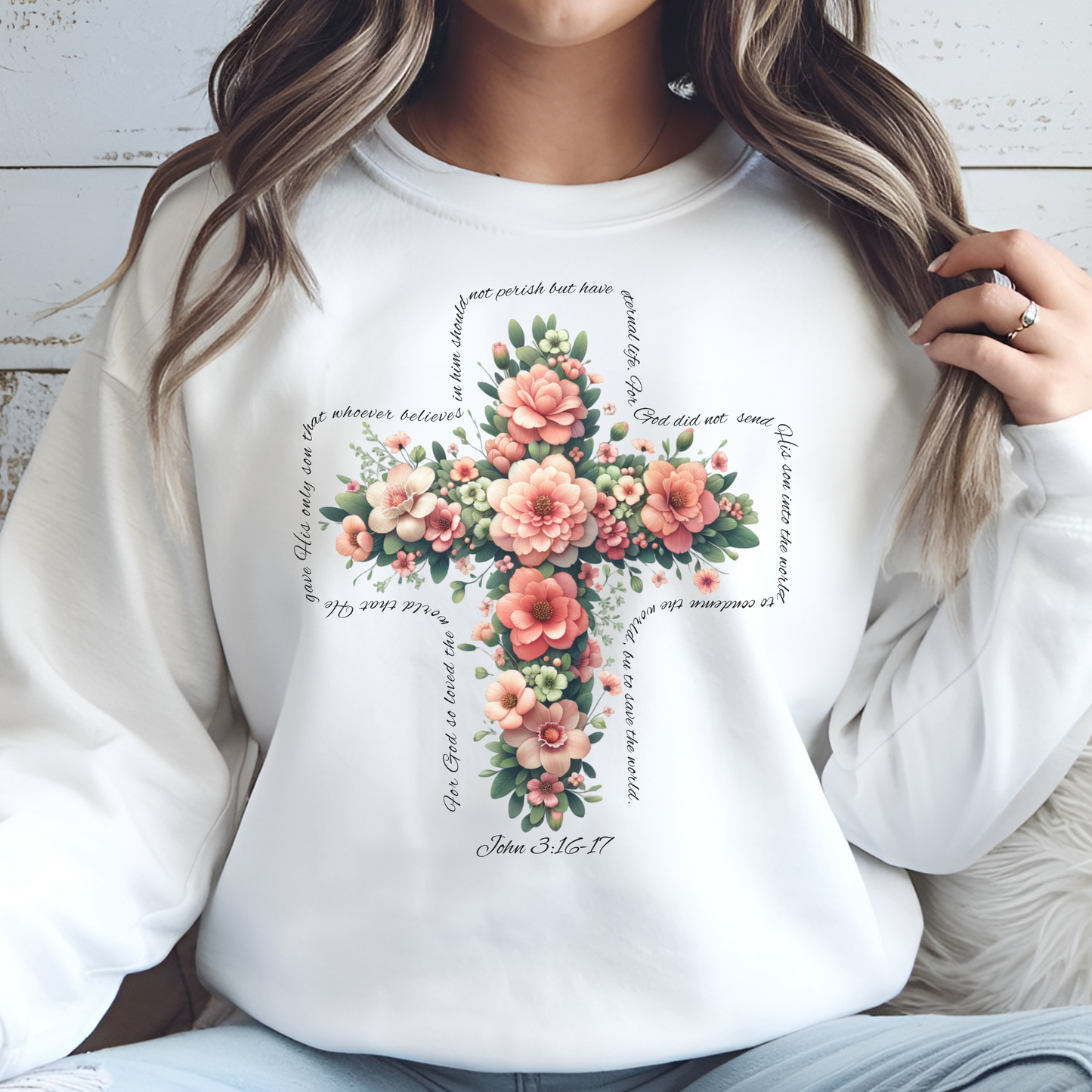 Christian Floral Cross with John 3:16 text on a white sweatshirt