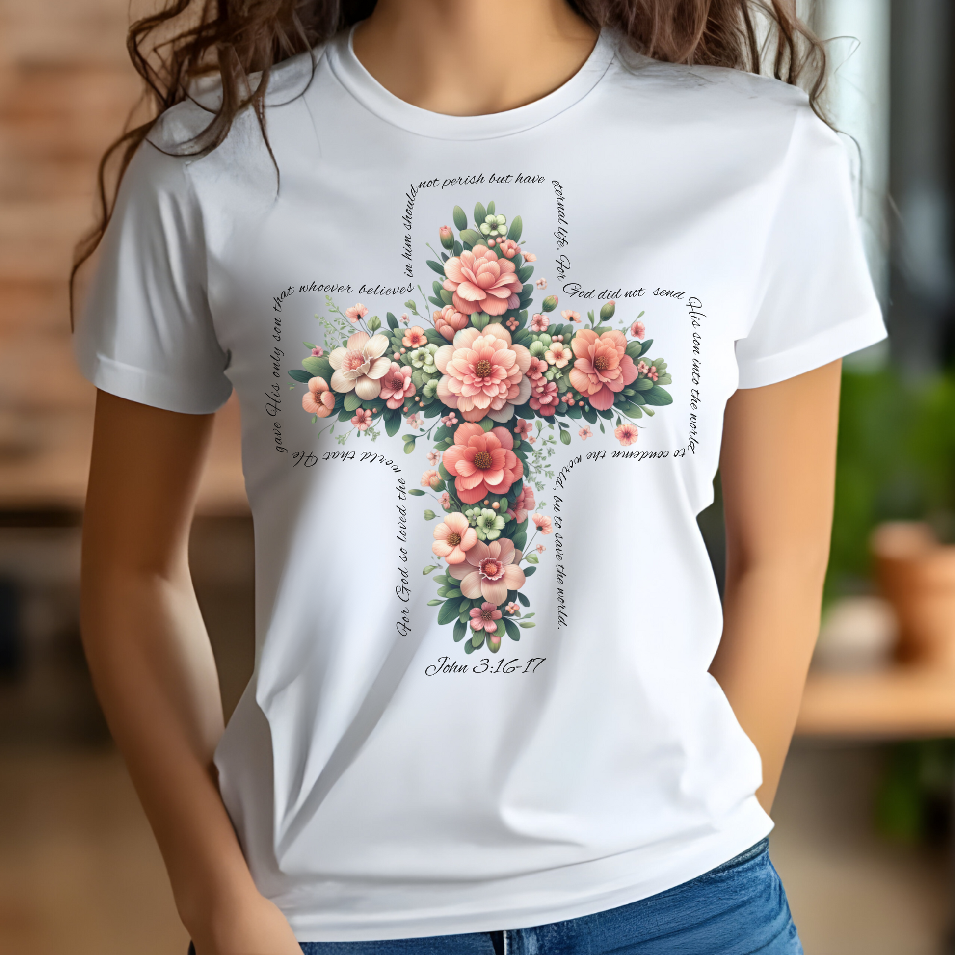 Christian Floral Cross with John 3:16 text on a woman's white t-shirt