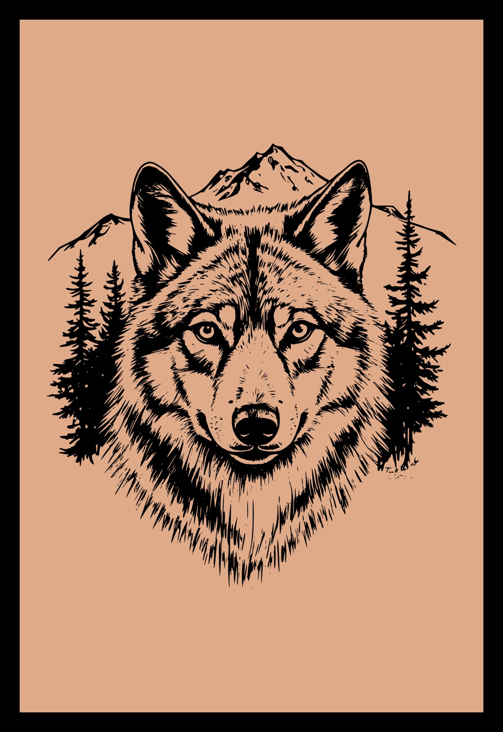 Wolf illustration with mountains and trees on a beige background