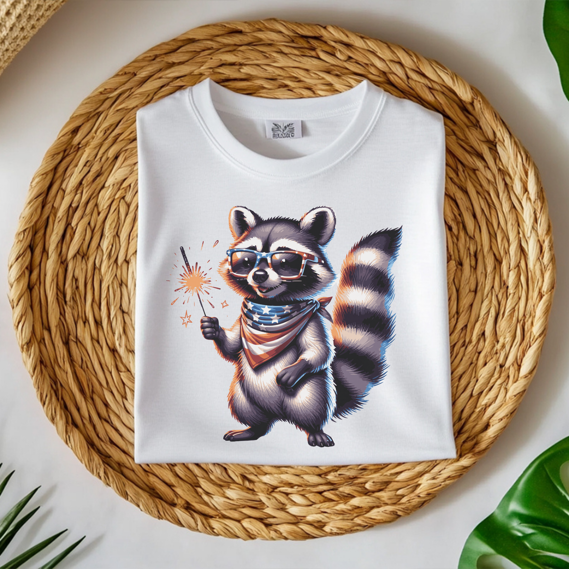Independence Day 4th of July Raccoon Sparkler digital design on a folded t-shirt
