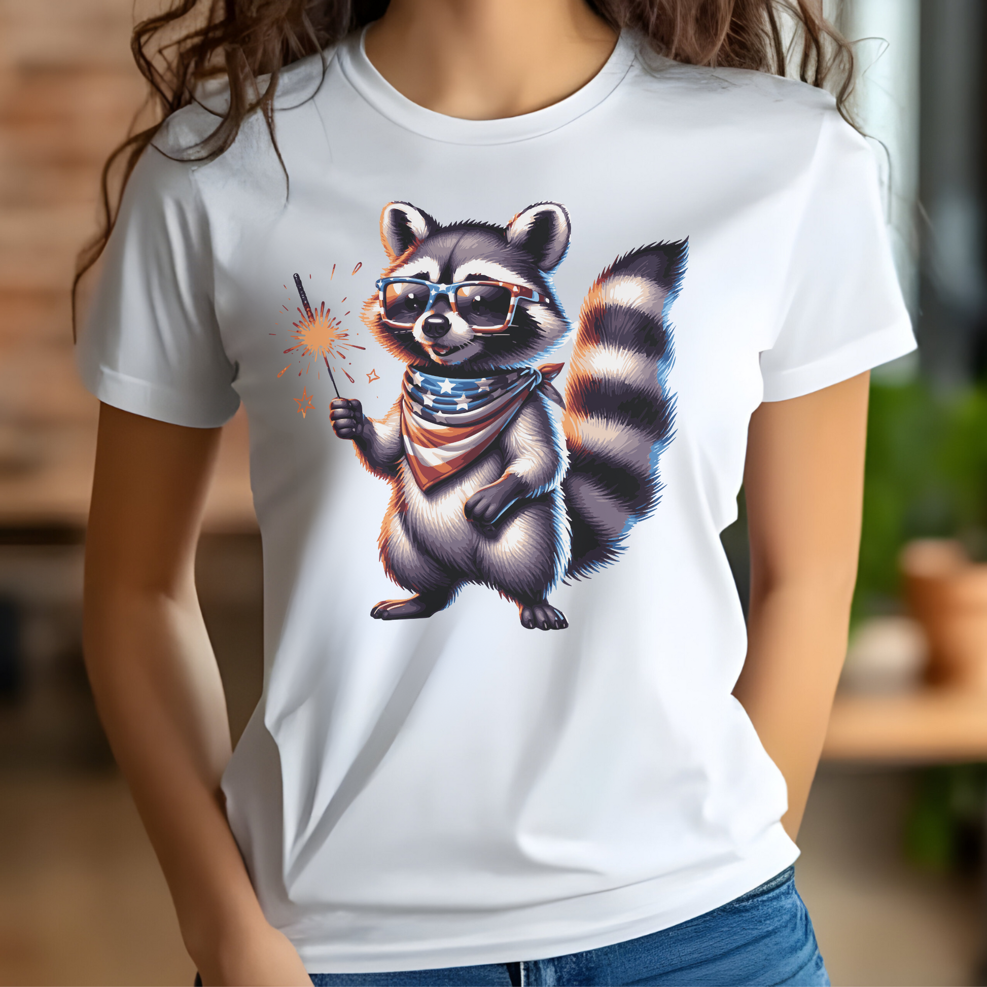 Independence Day 4th of July Raccoon Sparkler digital design on a woman's white t-shirt