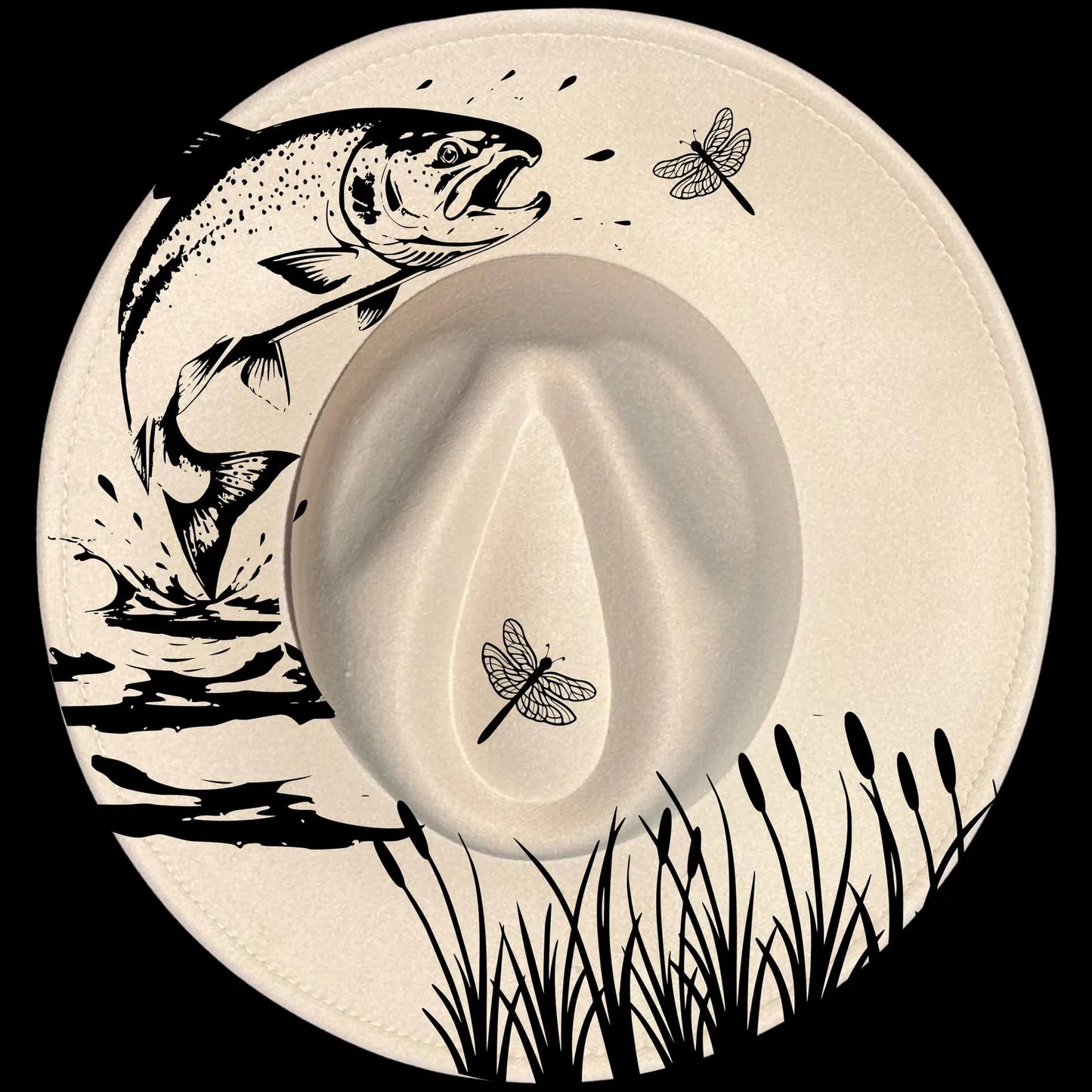 Jumping Fish And Reeds burned hat burning design on a wide brim hat