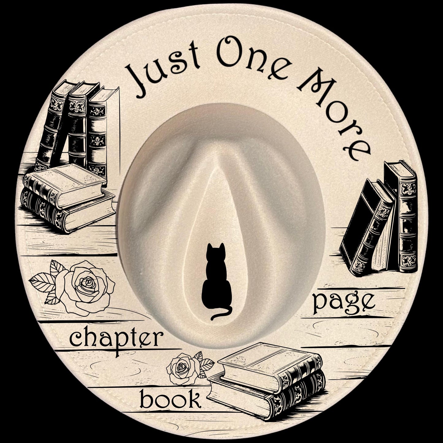 Just One More Page burned hat burning design on a wide brim hat