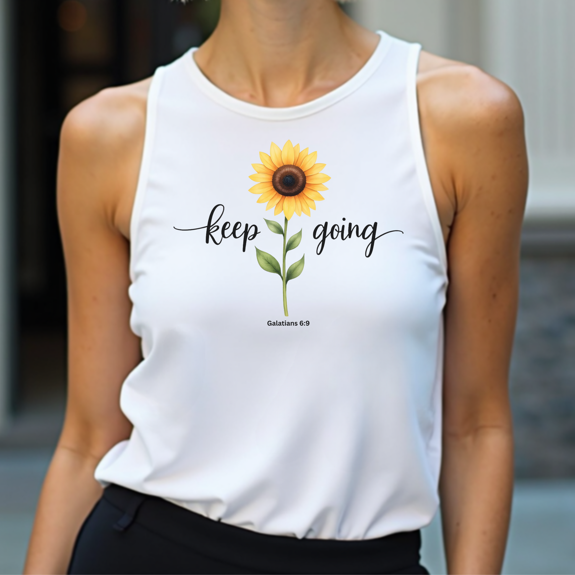 Keep Going Sunflower Galatians 6:9 digital design on a on a tank top
