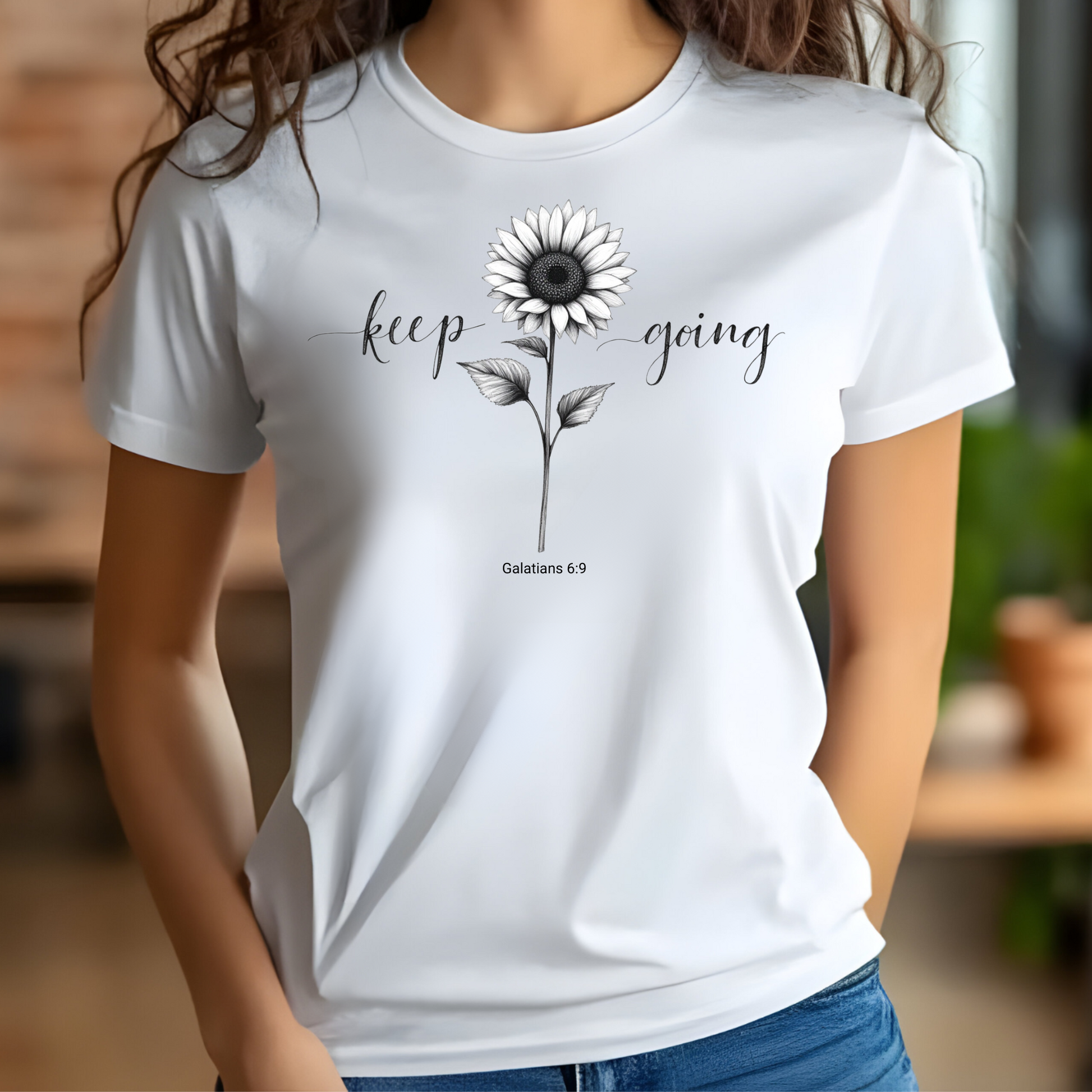 Keep Going Sunflower digital design on a woman’s white t-shirt