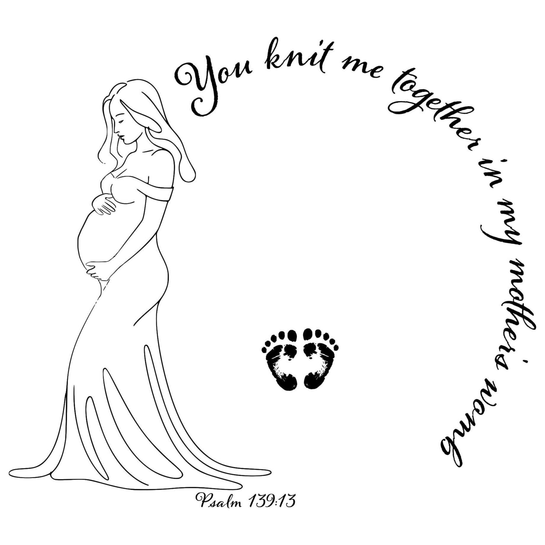 Hat burning design illustration of a pregnant woman with baby feet and text 'You knit me together in my mother's womb' from Psalm 139:13 on a white background.