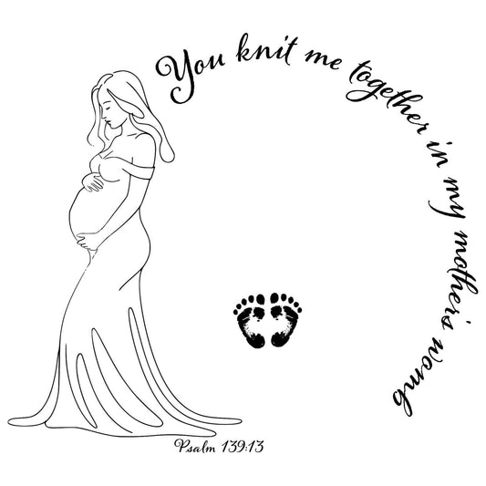 Hat burning design illustration of a pregnant woman with baby feet and text 'You knit me together in my mother's womb' from Psalm 139:13 on a white background.