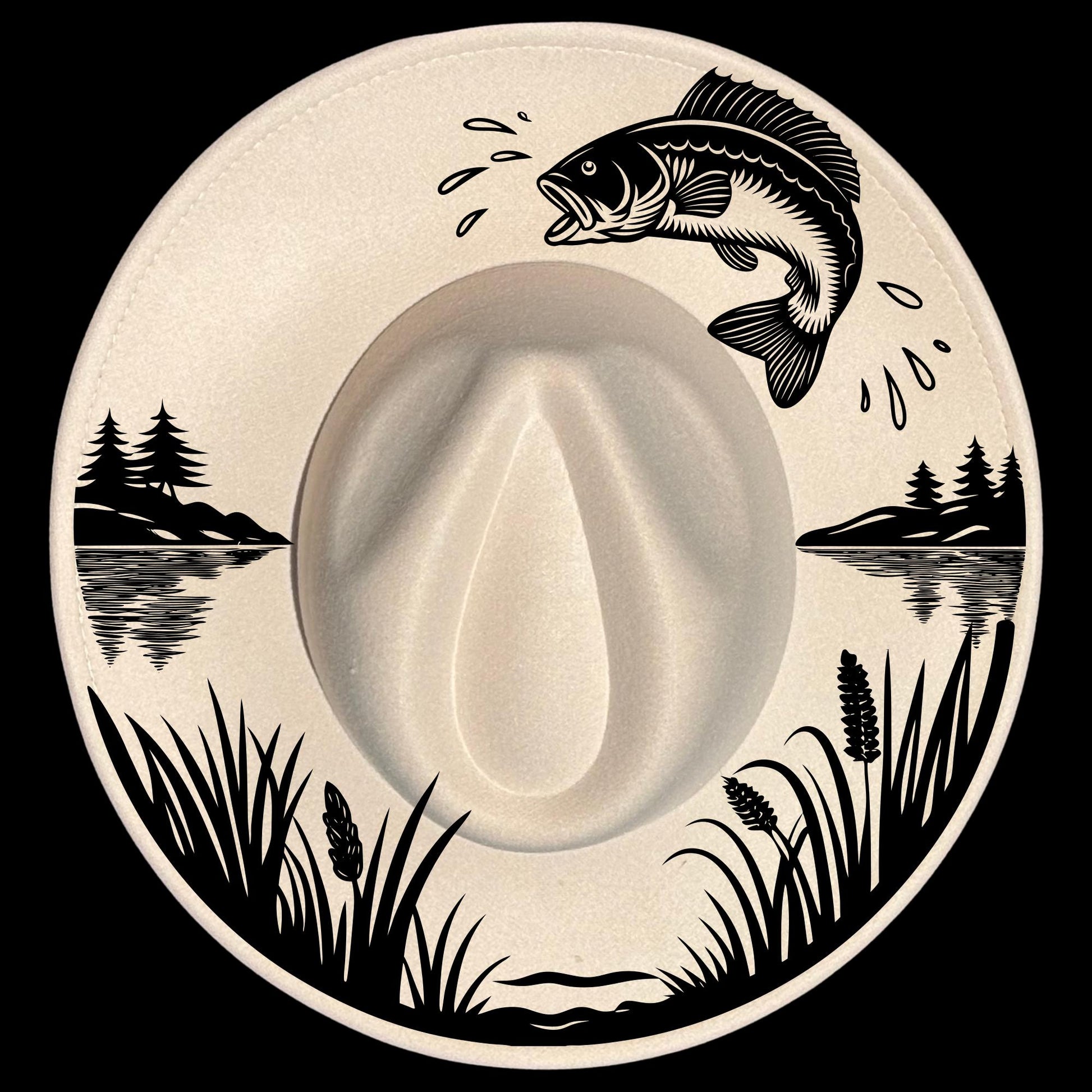 Lake Fish burned hat burning design on a wide brim hat