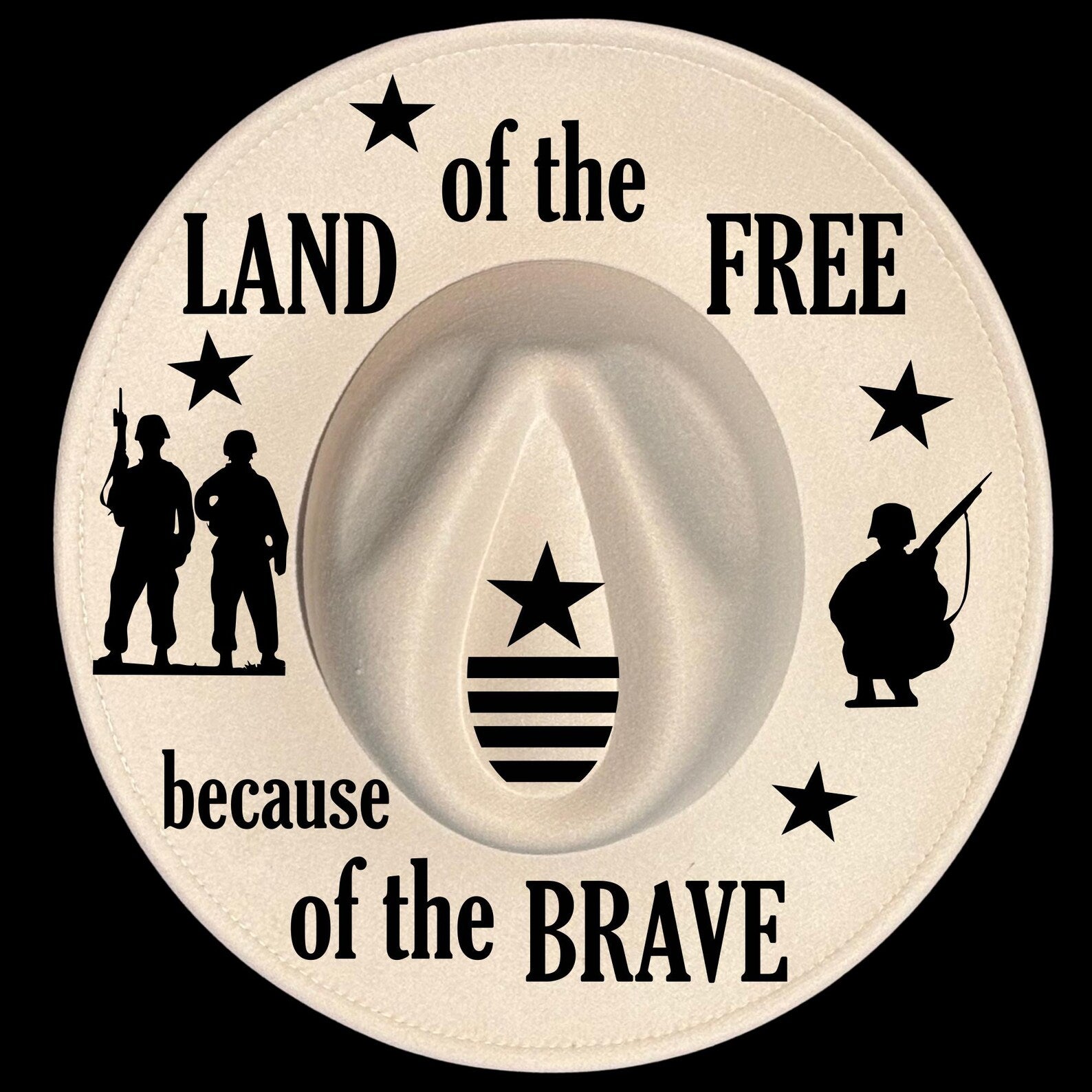 Land Of The Free burned hat burning design on a wide brim hat