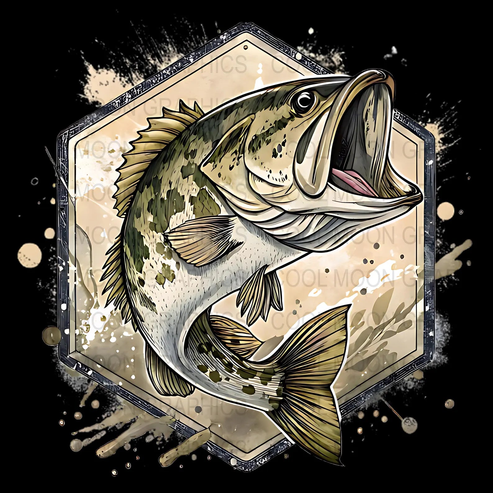 Illustration of a largemouth bass with a decorative frame on a black background