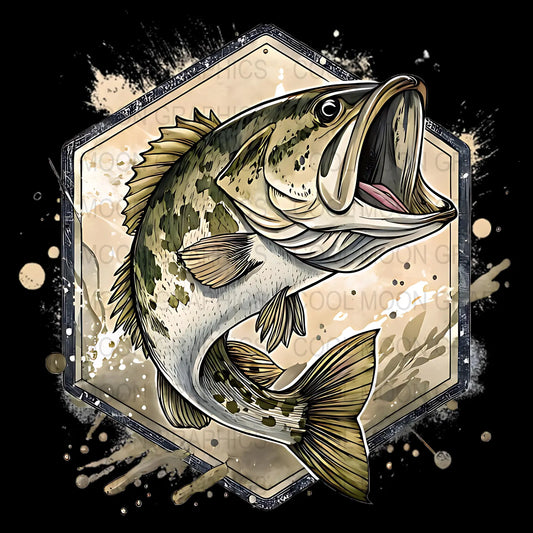 Illustration of a largemouth bass with a decorative frame on a black background