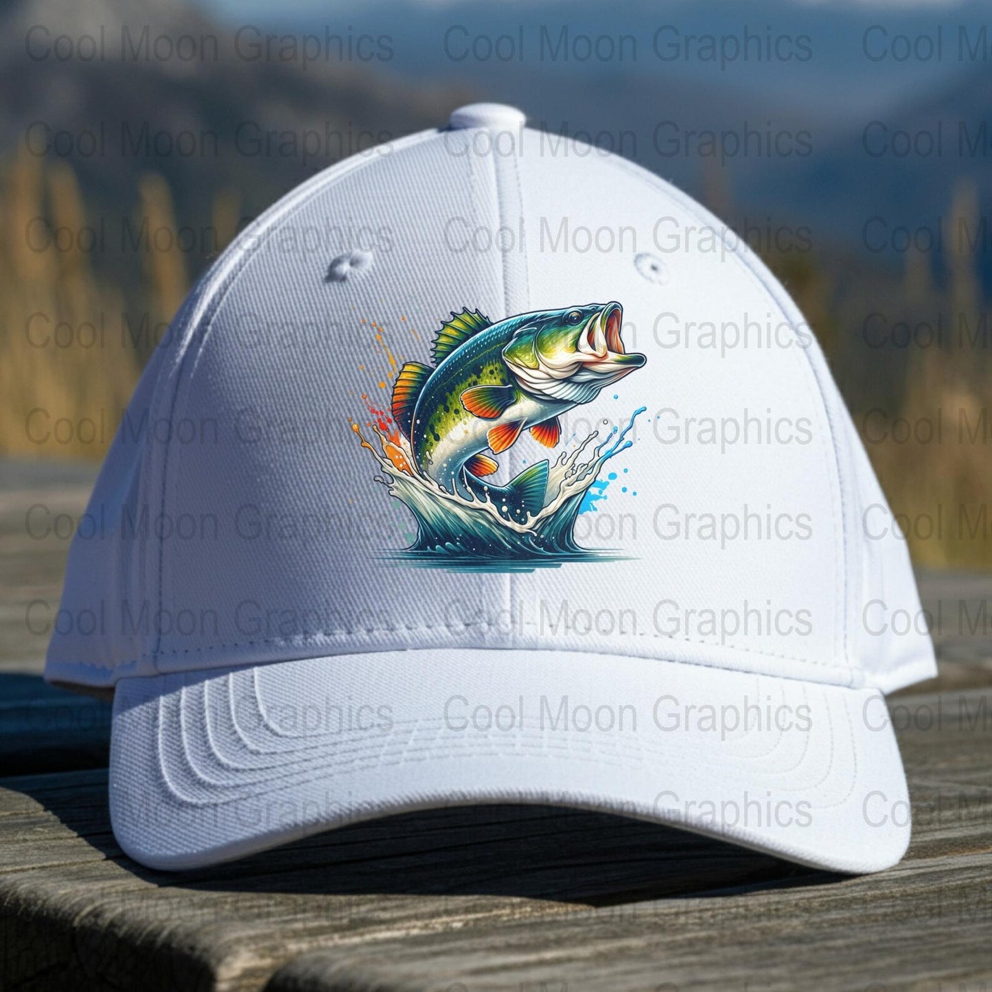 White cap with a colorful largemouth bass design on a wooden surface
