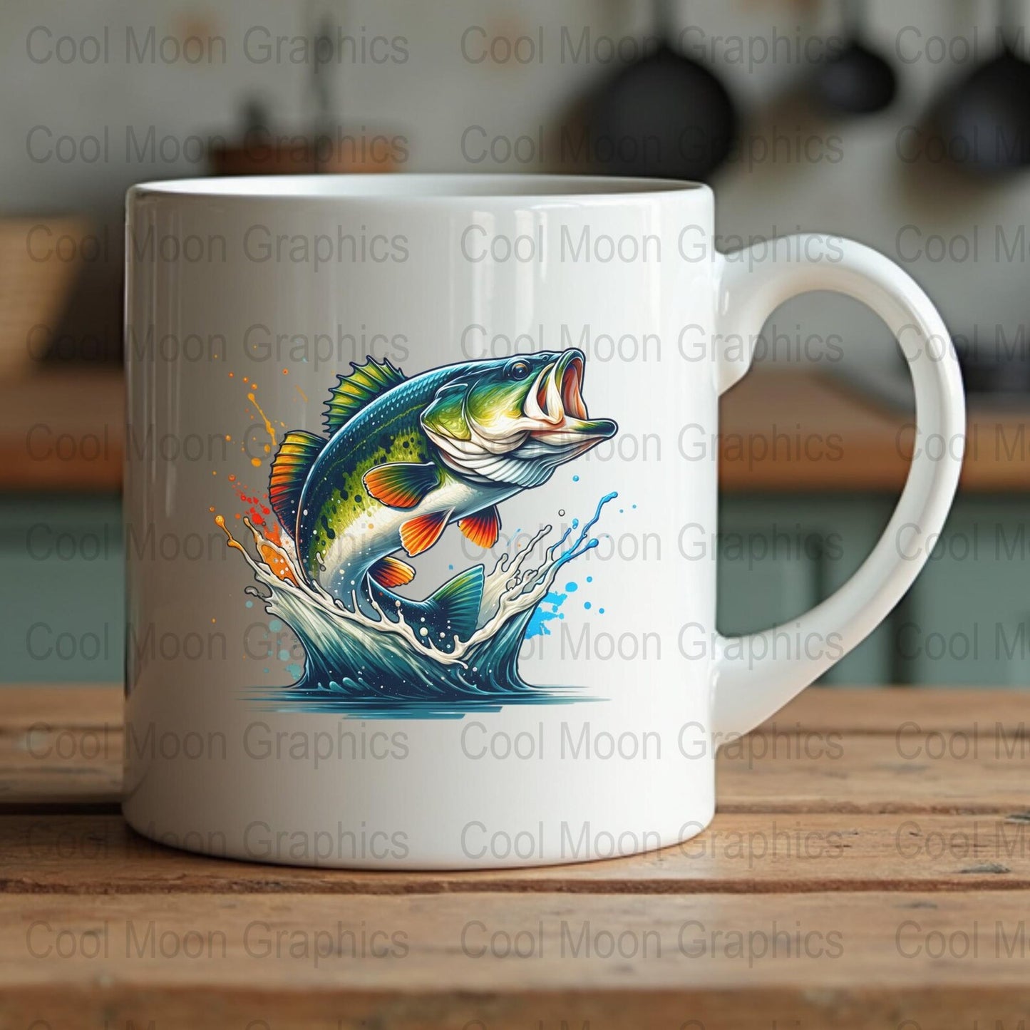 White mug with a colorful largemouth bass design on a wooden surface