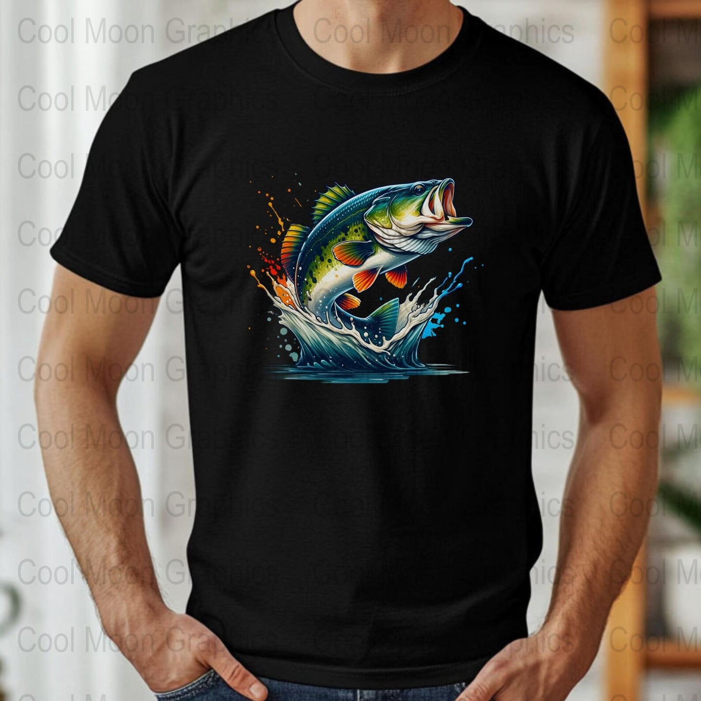 Black t-shirt with a colorful largemouth bass graphic worn by a person