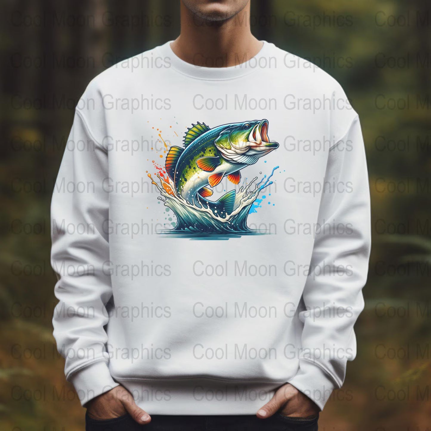 White sweatshirt with a fish graphic worn by a person, with 'Cool Moon Graphics' branding.